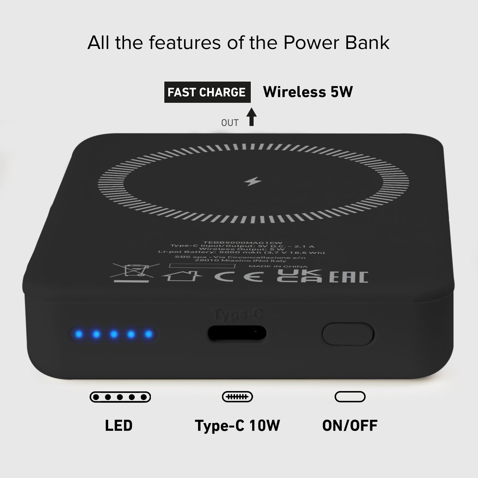 Power bank mag 5.000 mAh Wireless compatibile con iPhone con ricarica MagSafe