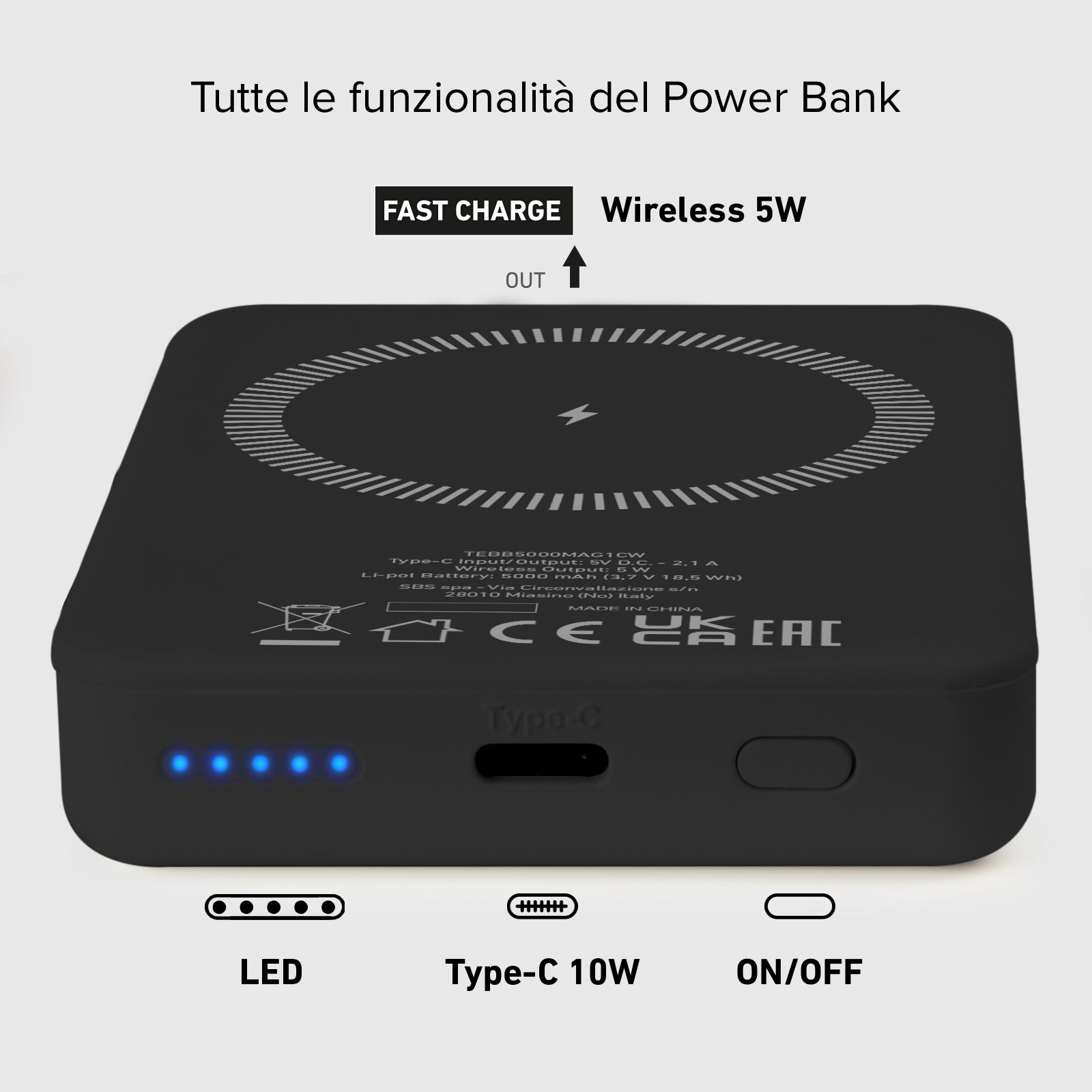 Power bank mag 5.000 mAh Wireless compatibile con iPhone con ricarica MagSafe