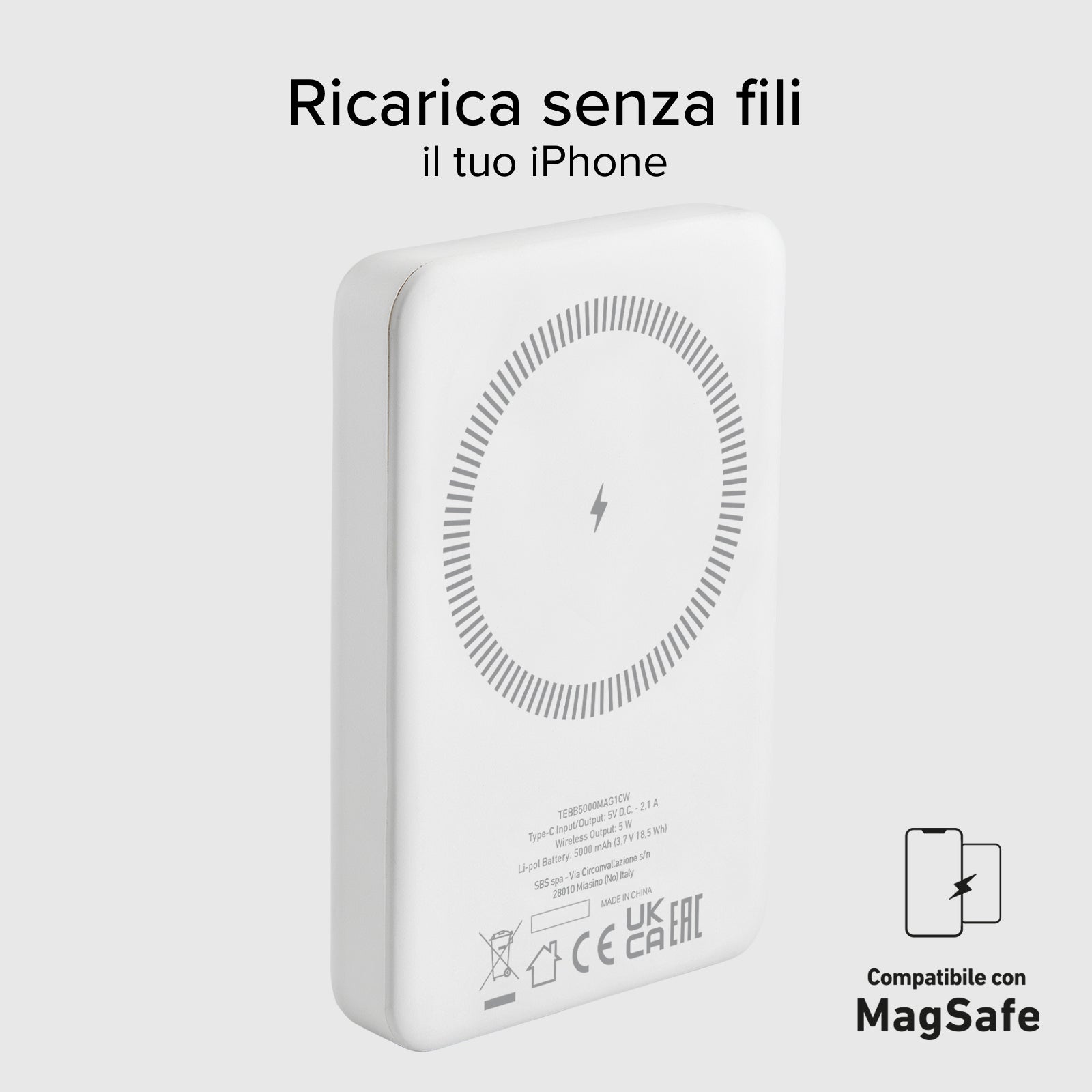 Power bank mag 5.000 mAh Wireless compatibile con iPhone con ricarica MagSafe