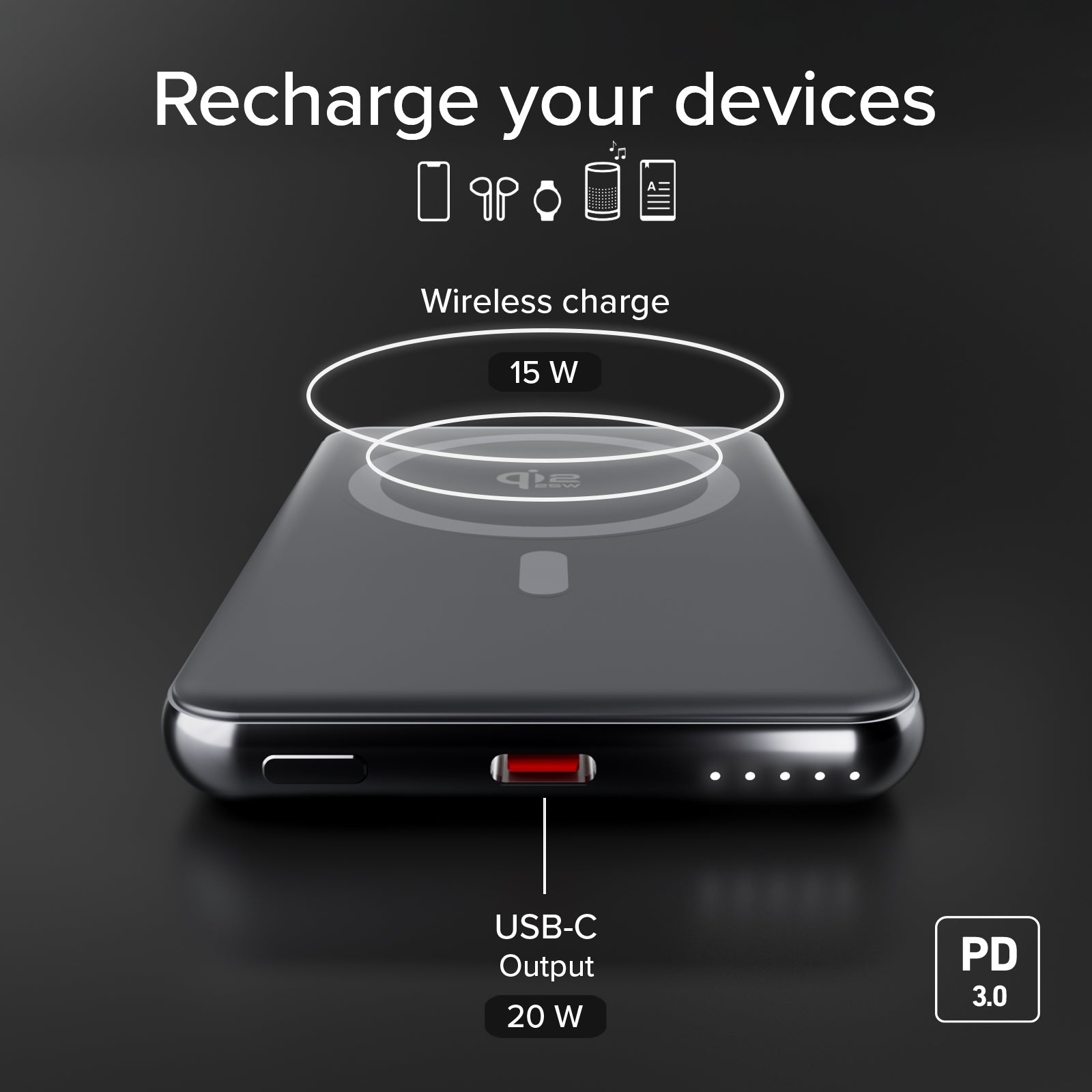 Power bank magnetico 5000 mAh, wireless PD 20W, alluminio, MagSafe