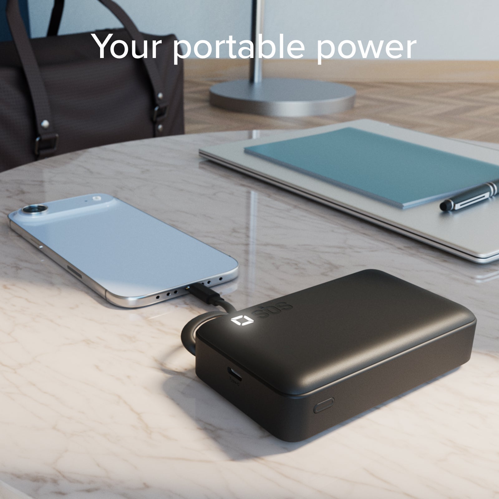 10000 mAh Power Bank with retractable USB-C cable and fast charging