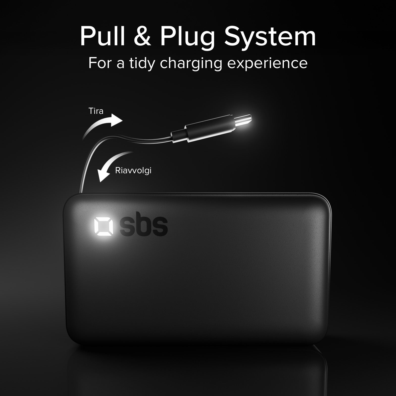 10000 mAh Power Bank with retractable USB-C cable and fast charging