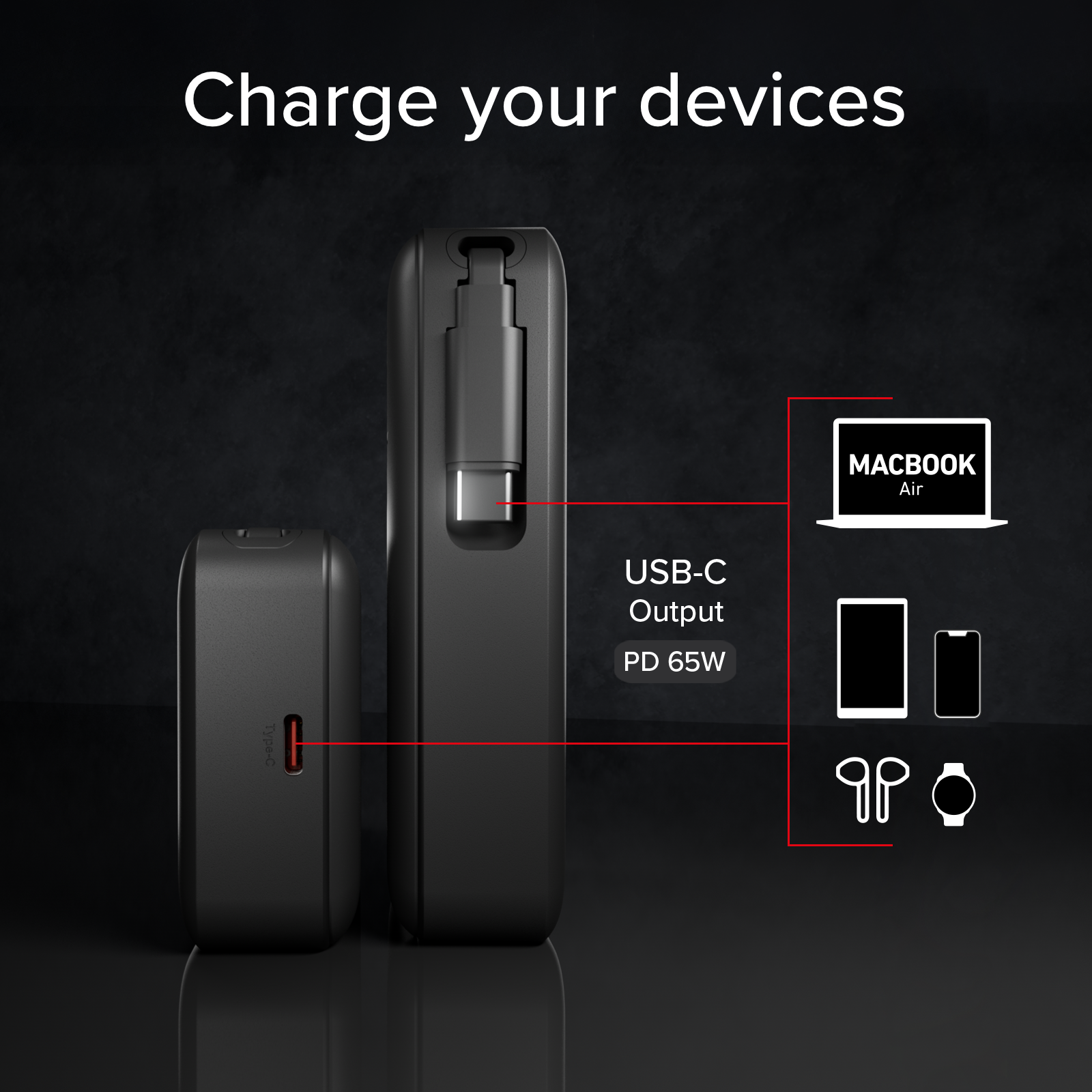 10000 mAh Power Bank with retractable USB-C cable and fast charging