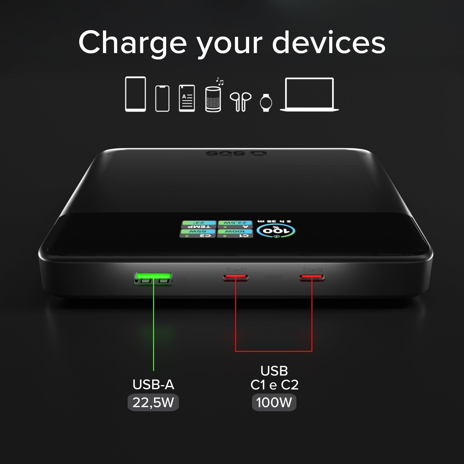 Power bank da 20.000 mAh con display TFT e ricarica per laptop da 100 W