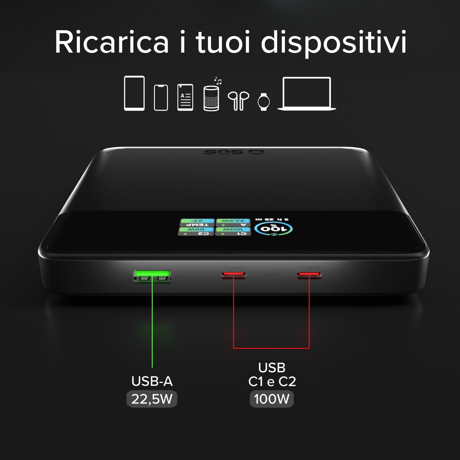 Power bank da 20.000 mAh con display TFT e ricarica per laptop da 100 W