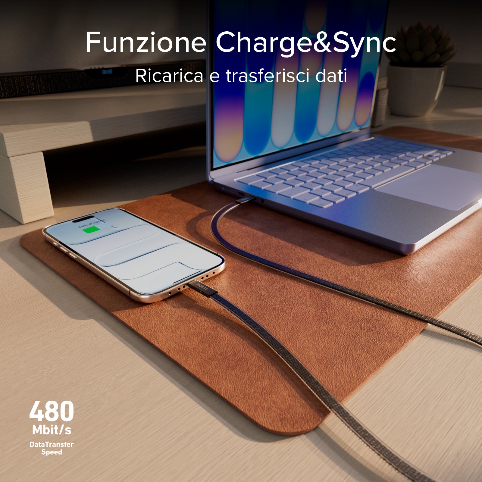 Slim charging and data cable with USB-C 2.0 connectors, 1 m
