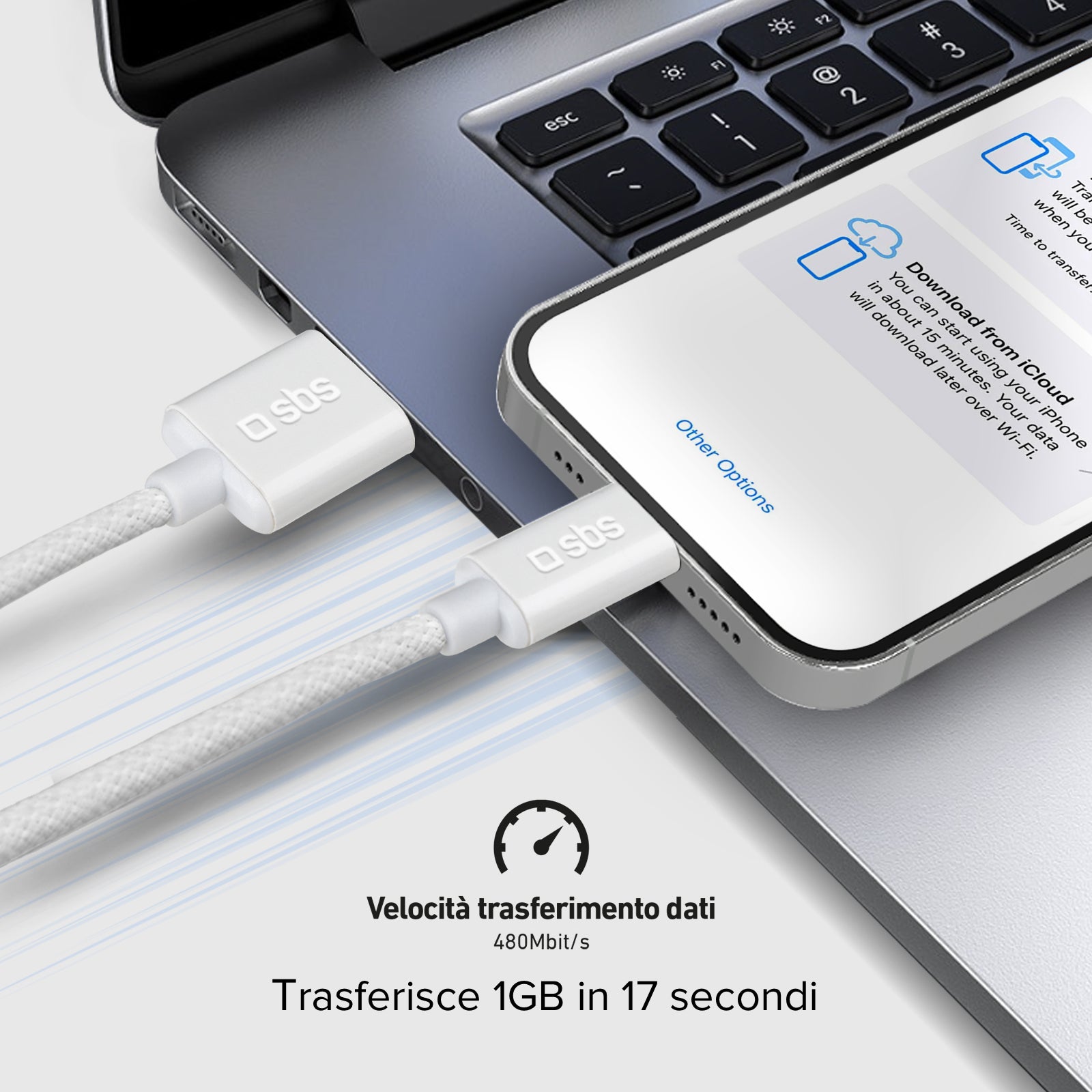 Câble USB-A - Lightning en tissu avec serre-câble, 1,5 m