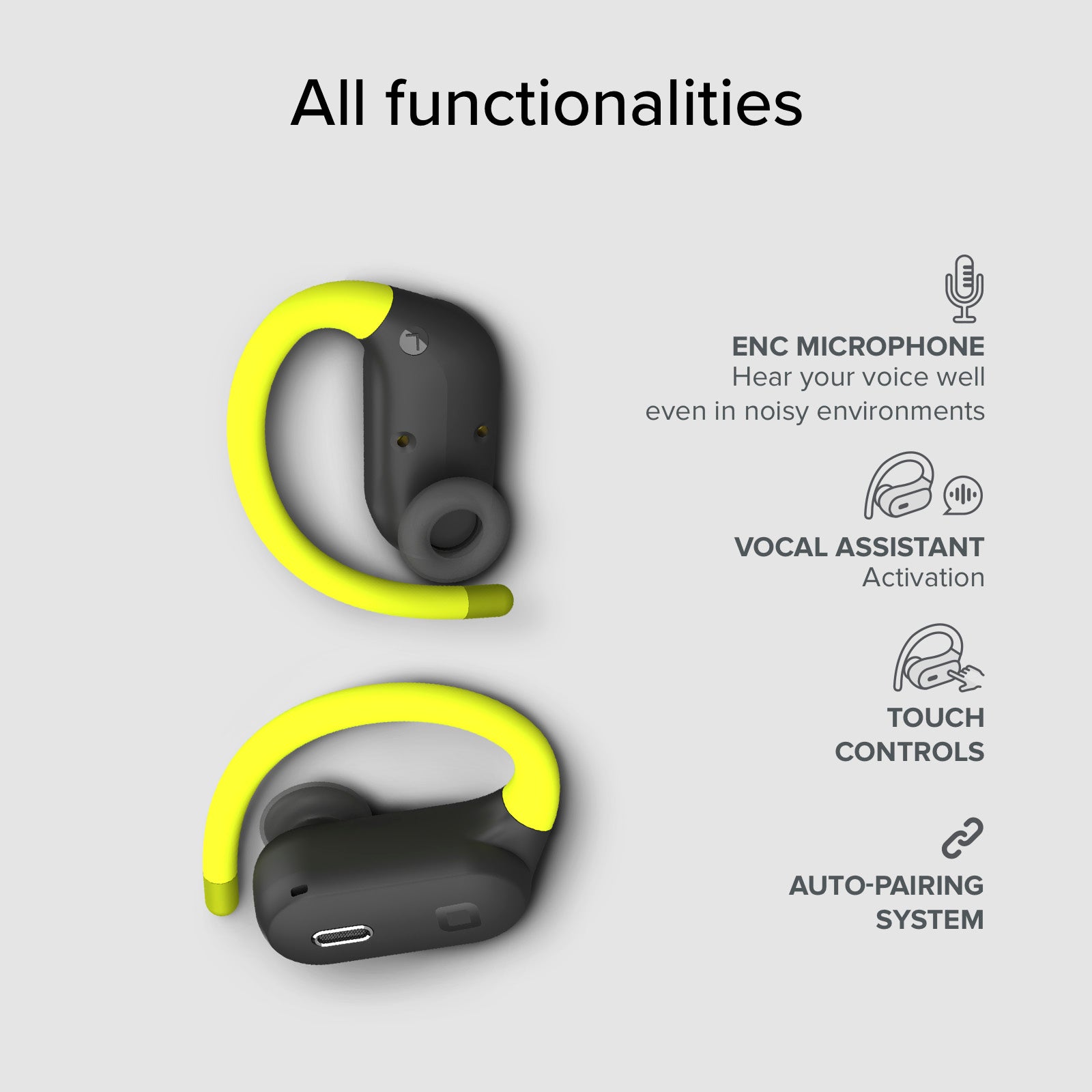 Sports ear-hook earphones with Active Noise Cancelling (ANC) technology