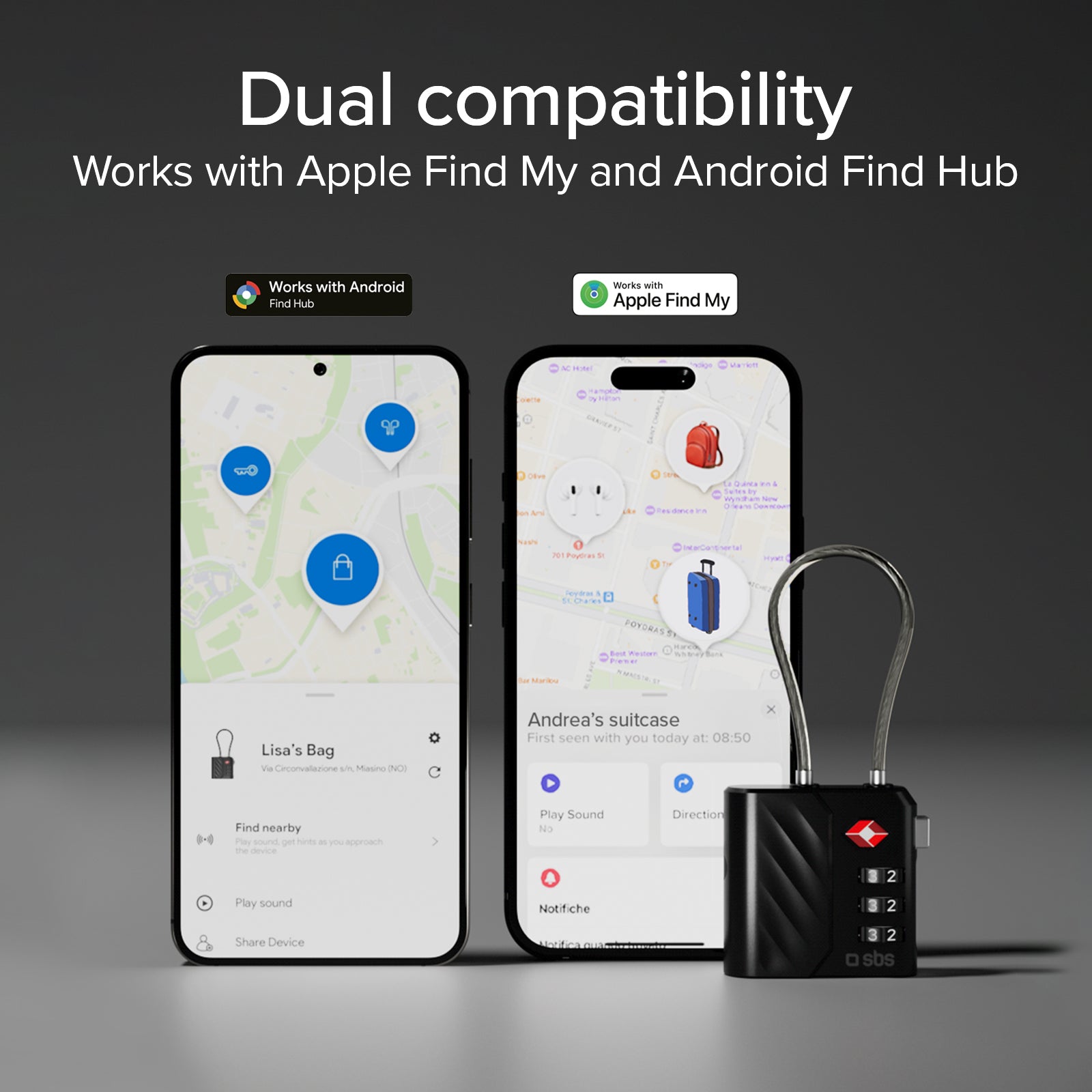 TSA Lock with Tracker and Dual Compatibility Apple Find My and Google Find Hub, Ideal for Suitcases