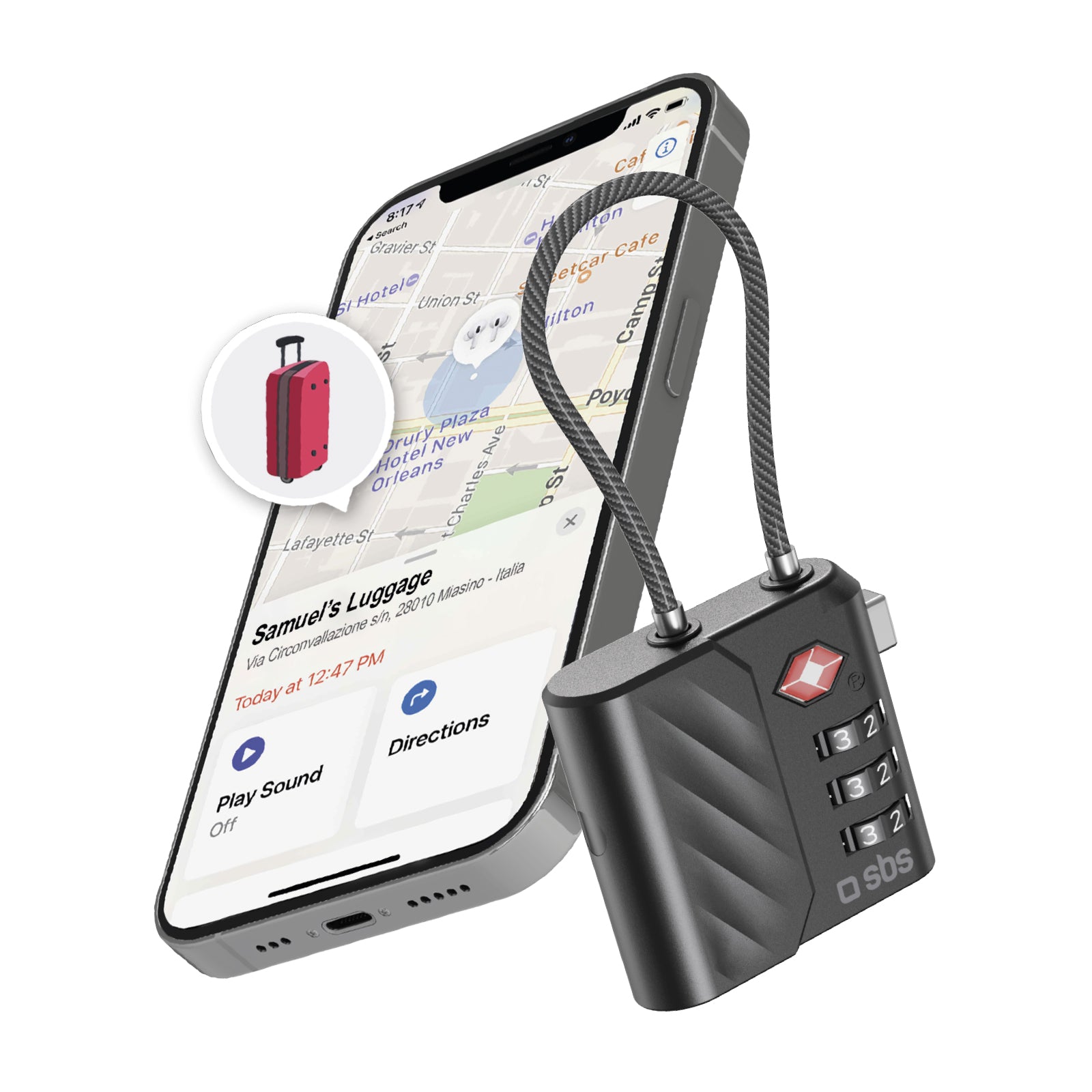Lucchetto TSA con tracker Apple Find My e Google Find Hub per valigie