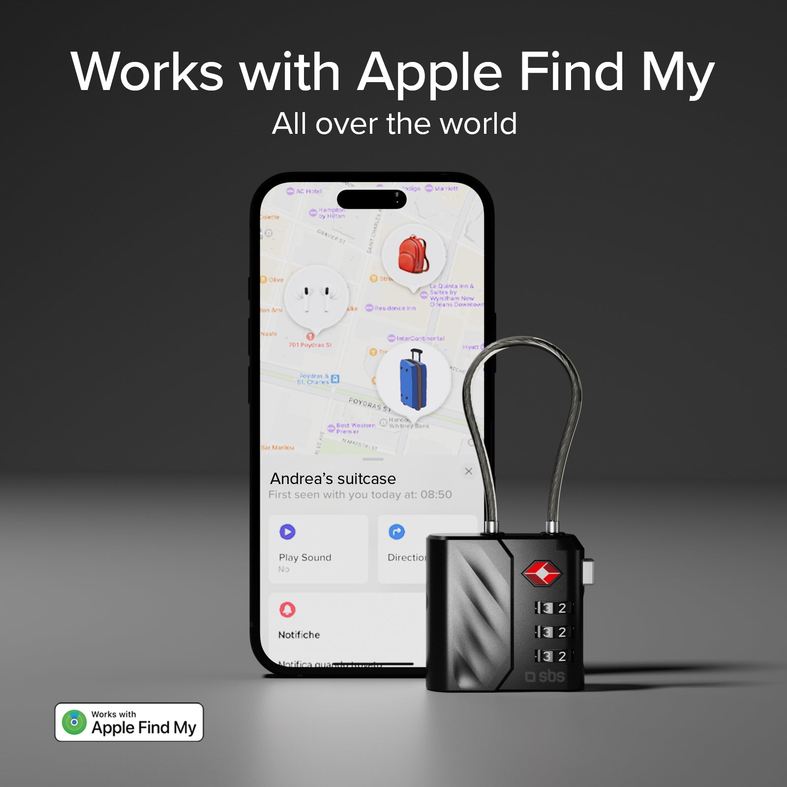 TSA lock with integrated locator for suitcases and bags compatible with Apple Find My