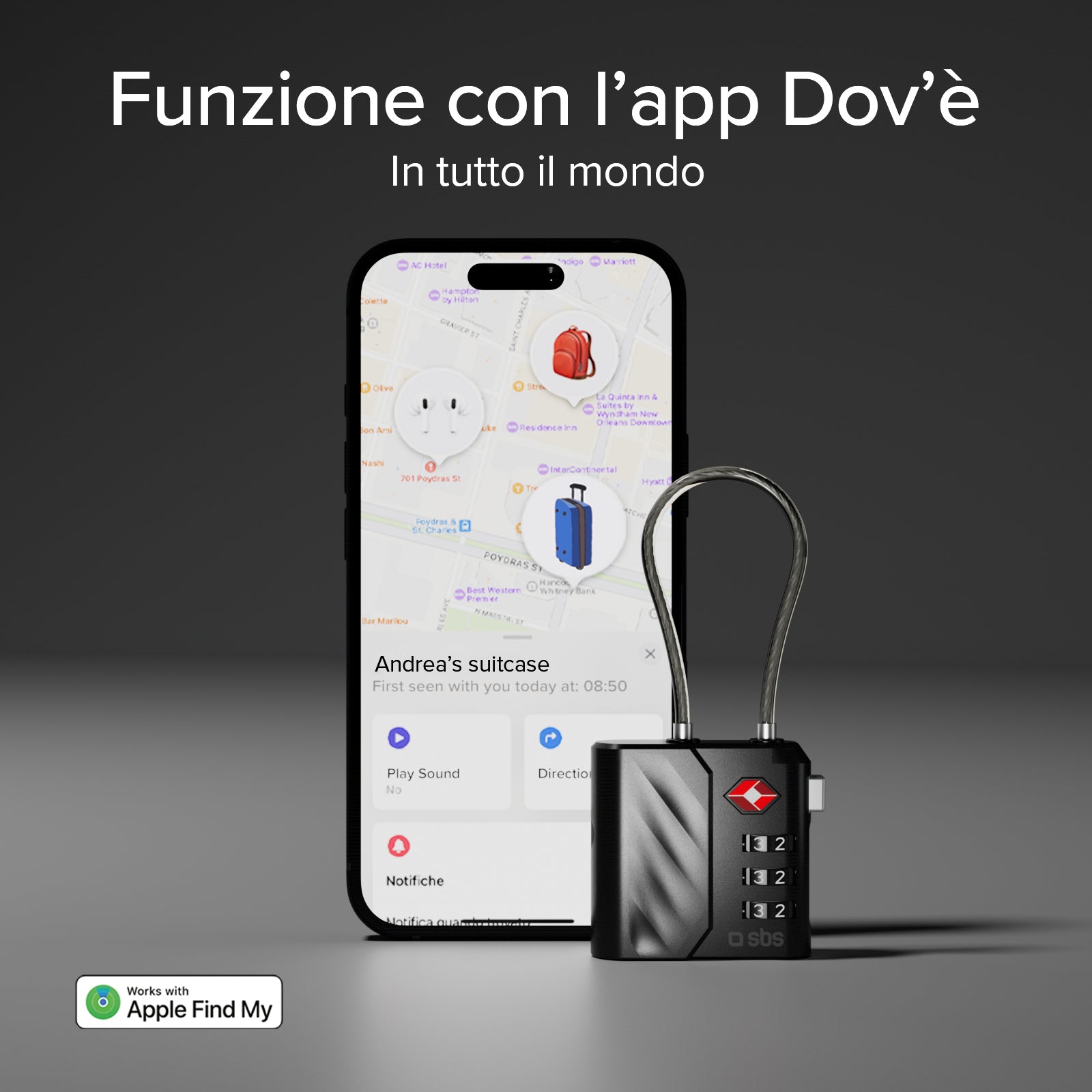 Lucchetto TSA con localizzatore integrato per valigie e borse compatibile con Apple Find My