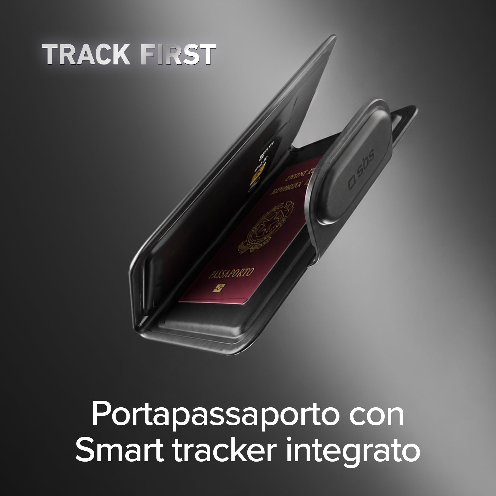 Porta passaporto Track My Passport con tracker Apple Find My e Google Find Hub