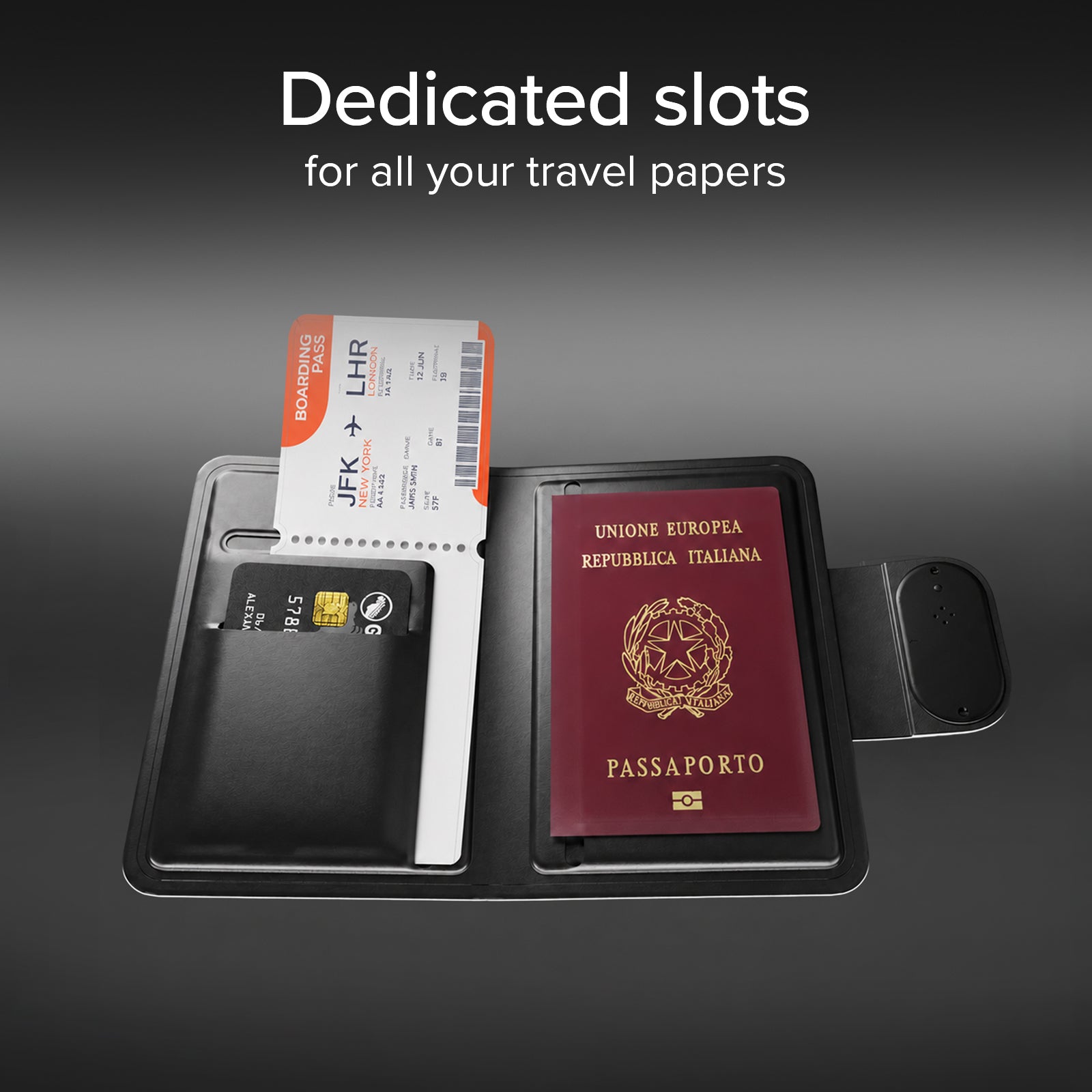 Porta passaporto Track My Passport con tracker Apple Find My e Google Find Hub