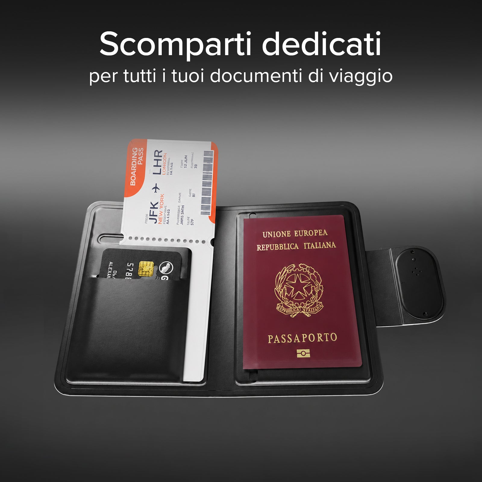 Porta passaporto Track My Passport con tracker Apple Find My e Google Find Hub