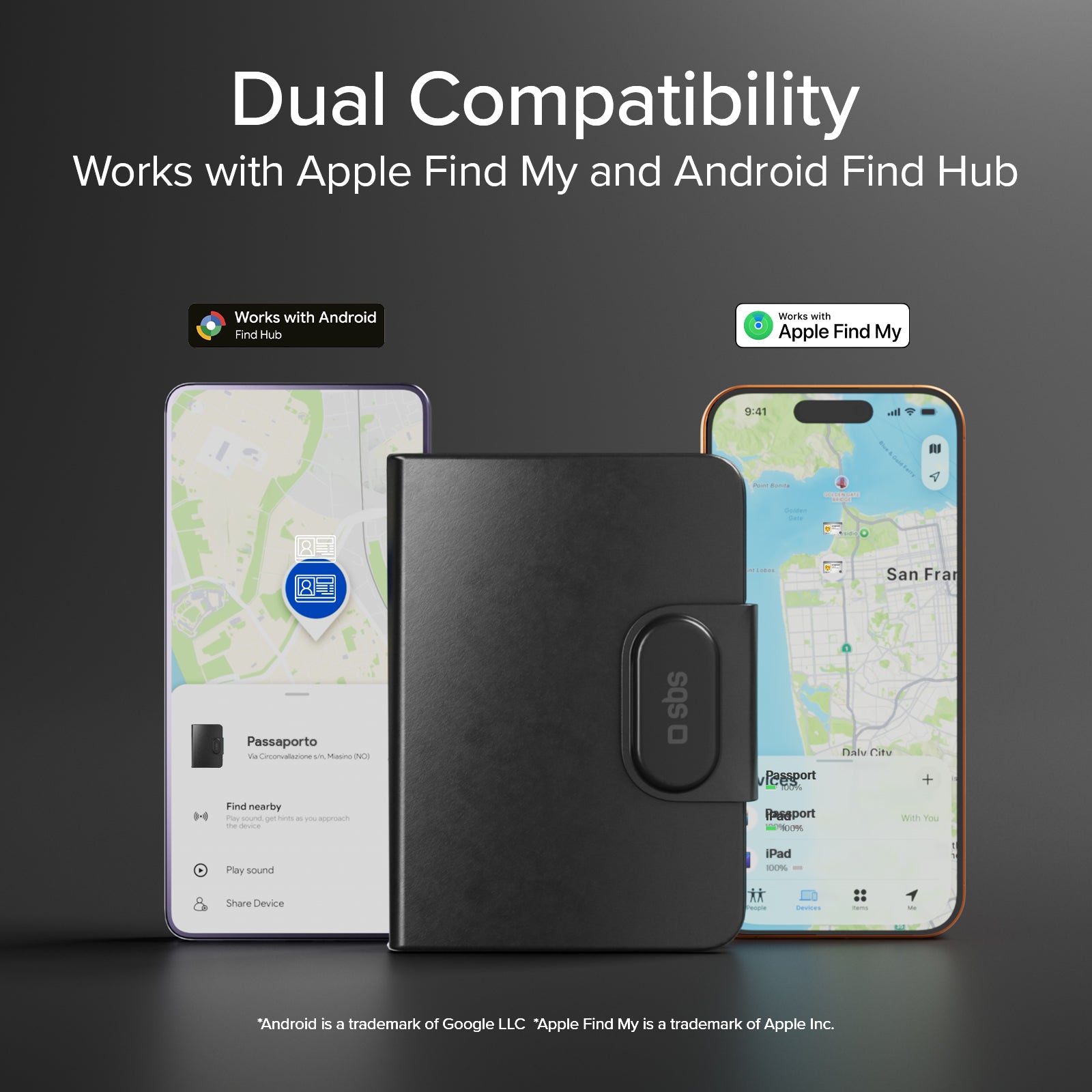 Porta passaporto Track My Passport con tracker Apple Find My e Google Find Hub
