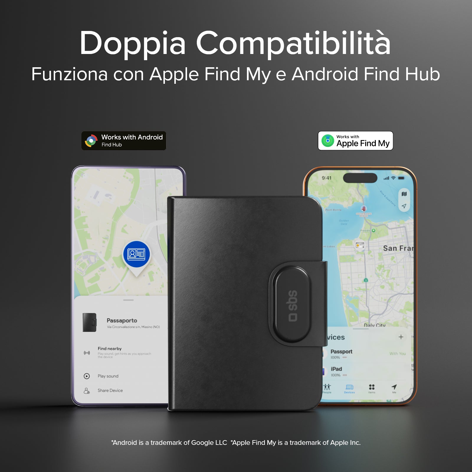 Porta passaporto Track My Passport con tracker Apple Find My e Google Find Hub