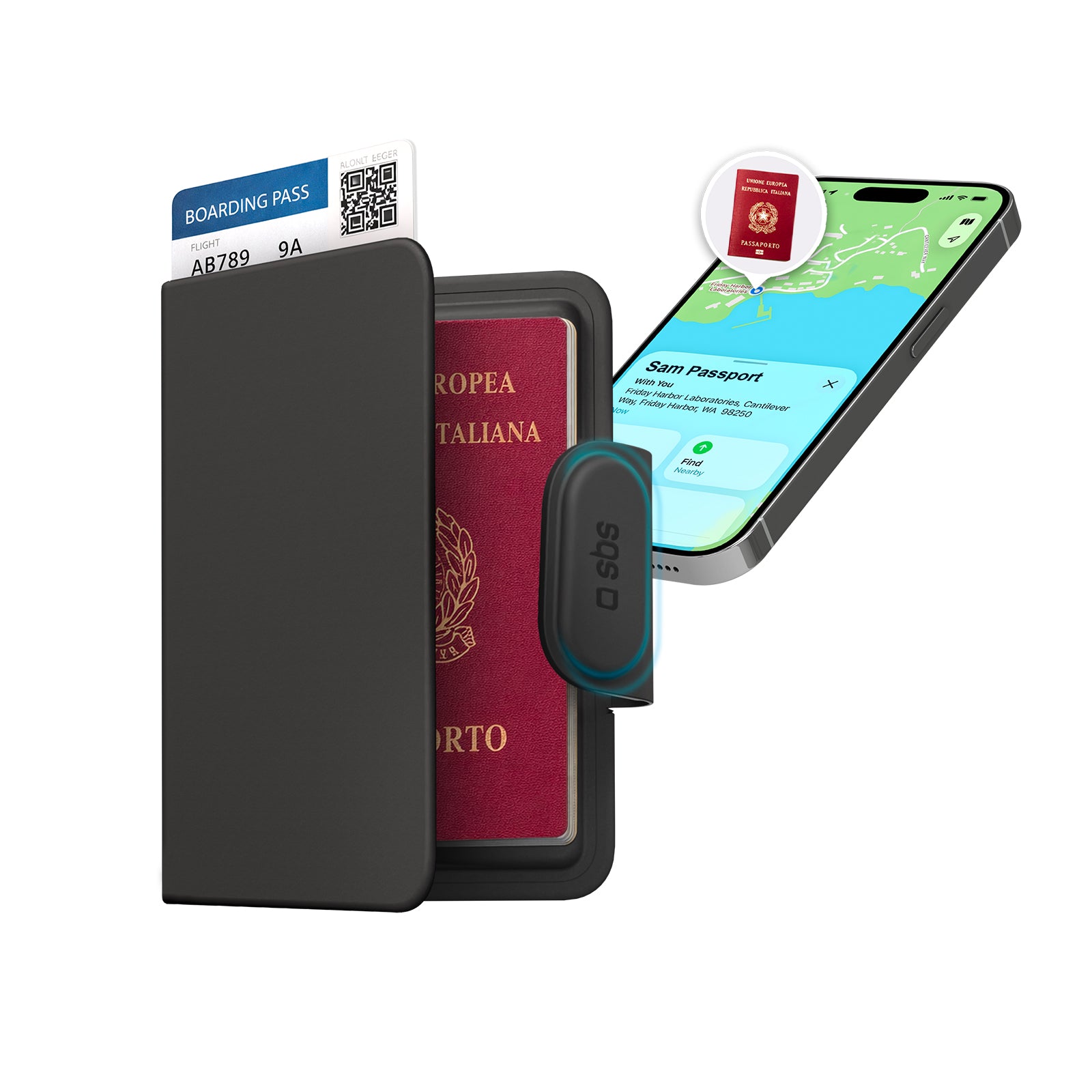 Porta passaporto Track My Passport con tracker Apple Find My e Google Find Hub