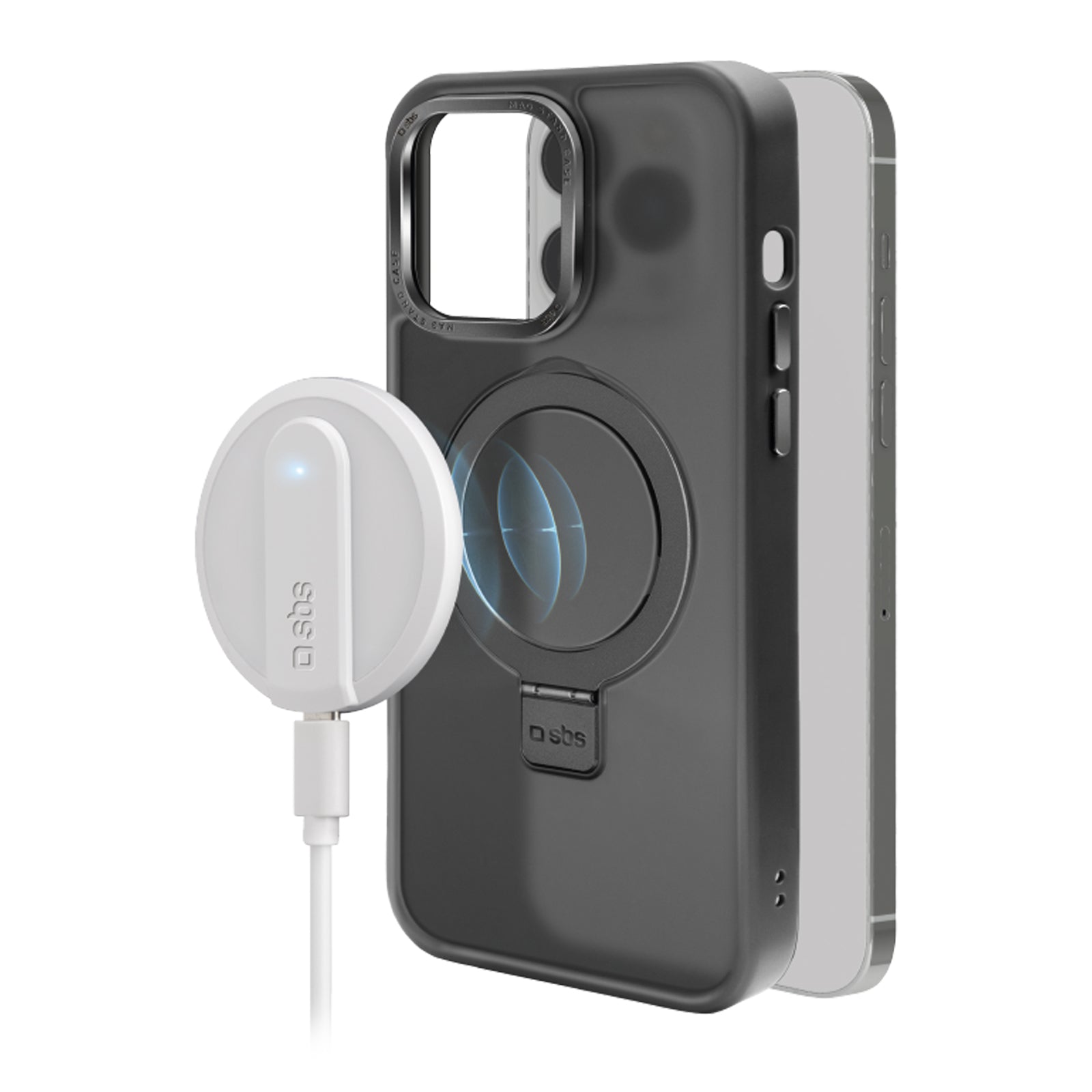 Funda compatible con carga MagSafe con acabados metálicos y anillo con función stand para iPhone 14 Pro Max