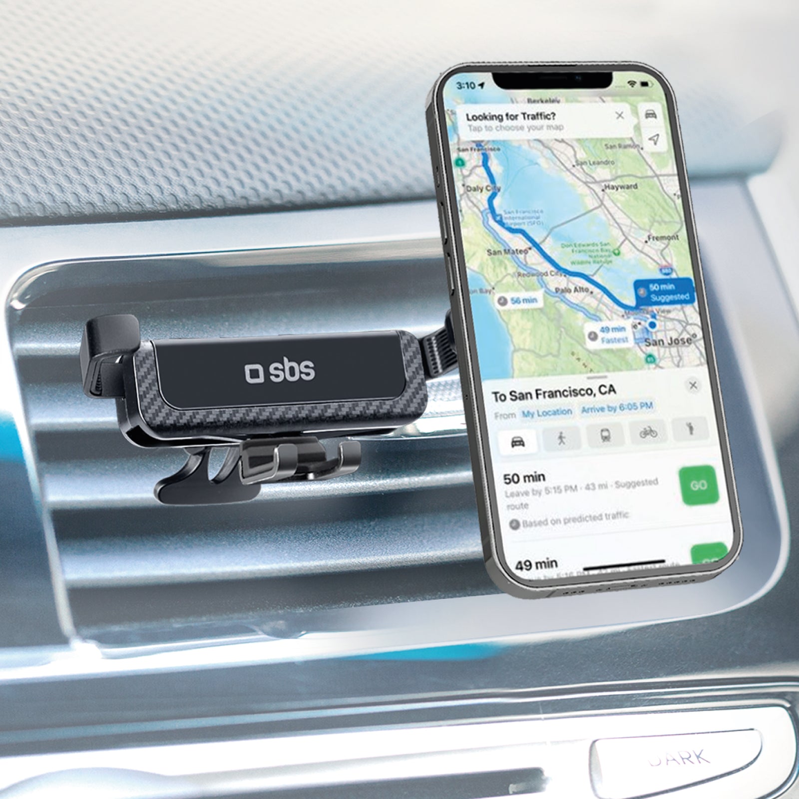 Supporto da auto per smartphone con chiusura a gravità