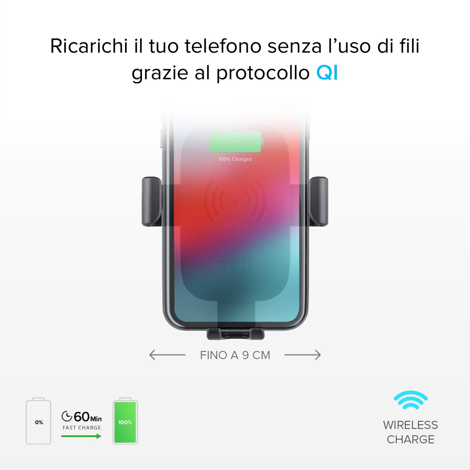 Gravity - Supporto auto per telefono con ricarica rapida Wireless