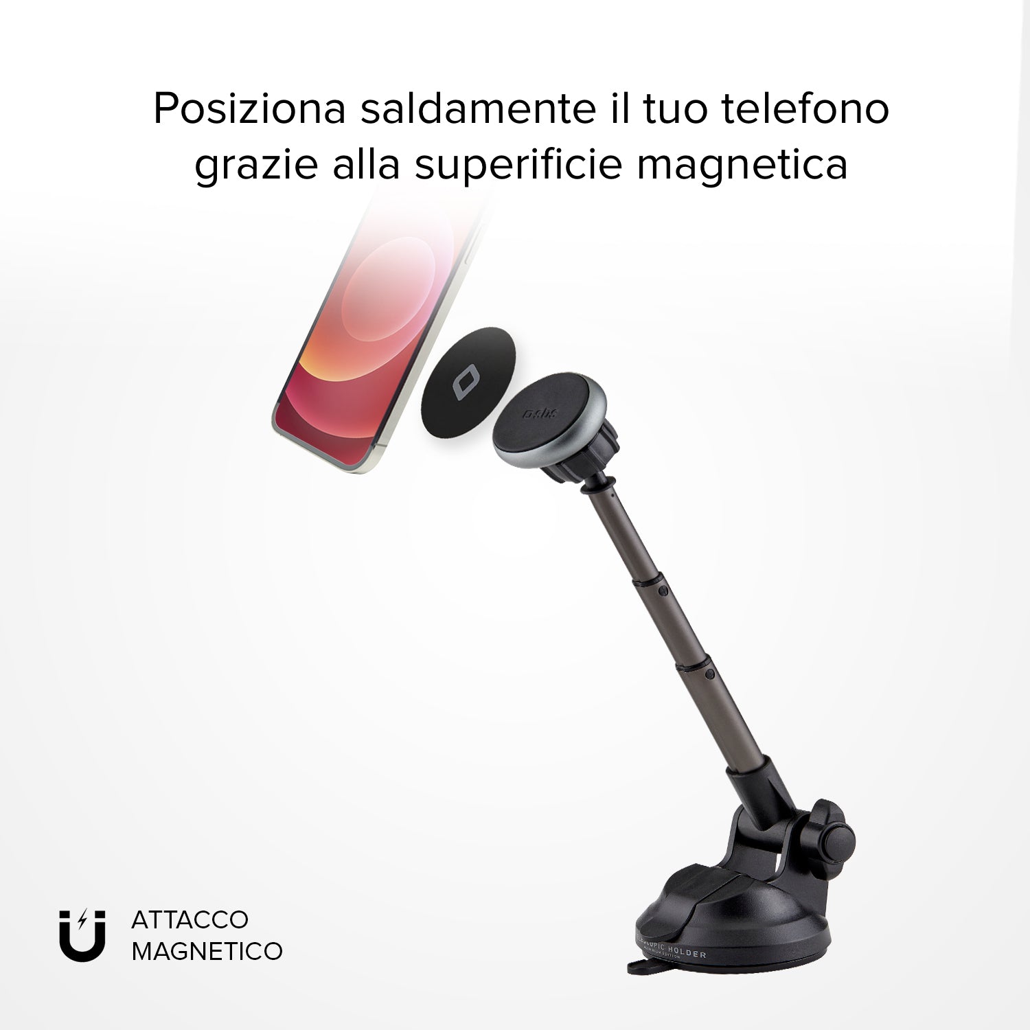 Supporto auto magnetico per telefono con asta telescopica e fissaggio a ventosa
