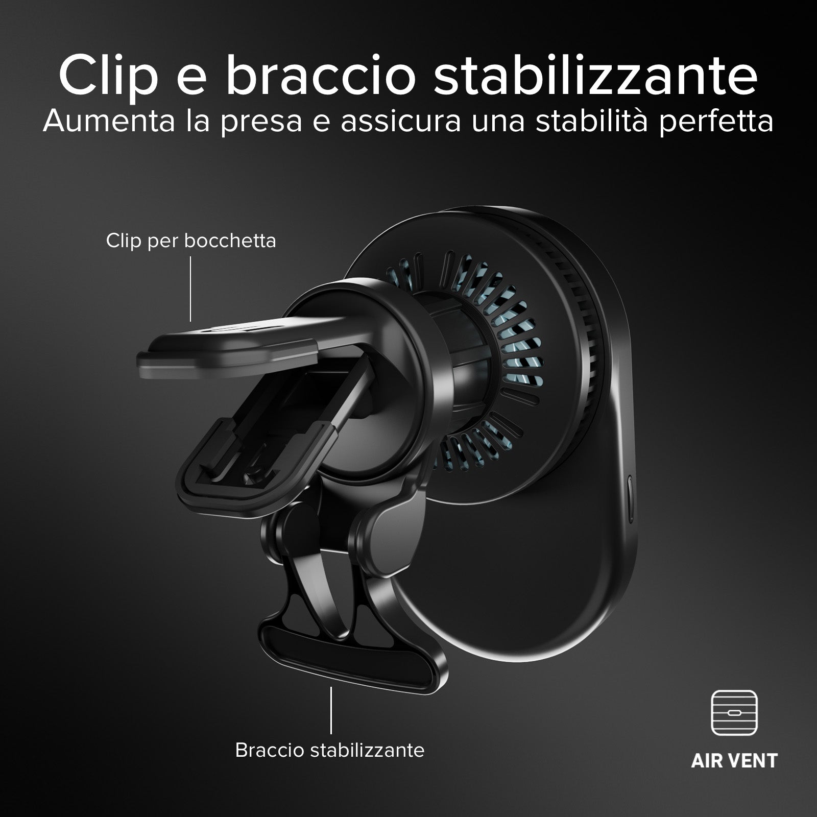 Supporto auto con ricarica magnetica Qi2.2 da 25 W e ventola di raffreddamento