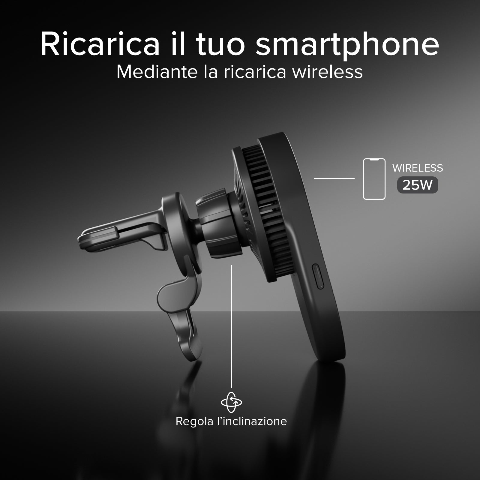 Supporto auto con ricarica magnetica Qi2.2 da 25 W e ventola di raffreddamento