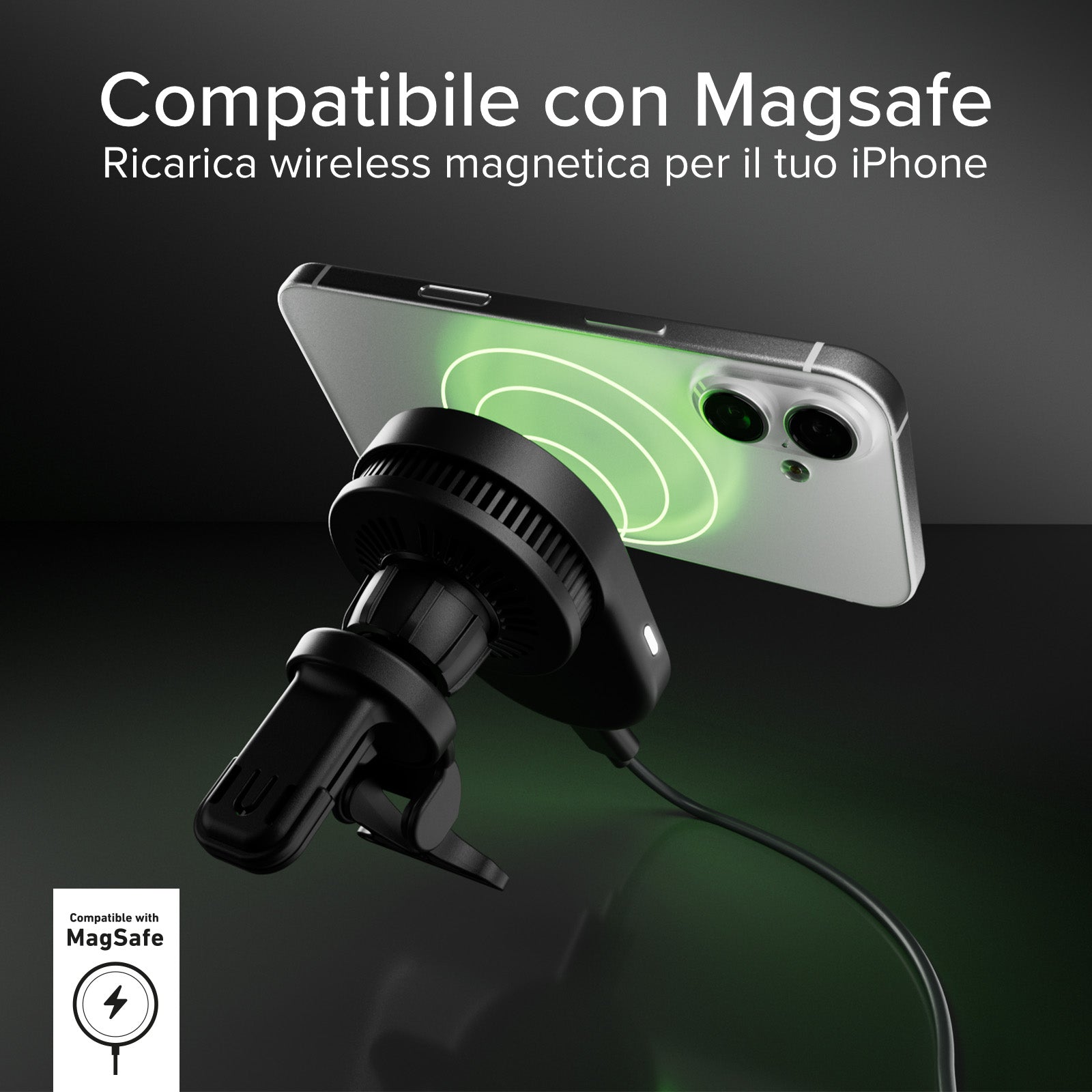 Supporto auto con ricarica magnetica Qi2.2 da 25 W e ventola di raffreddamento