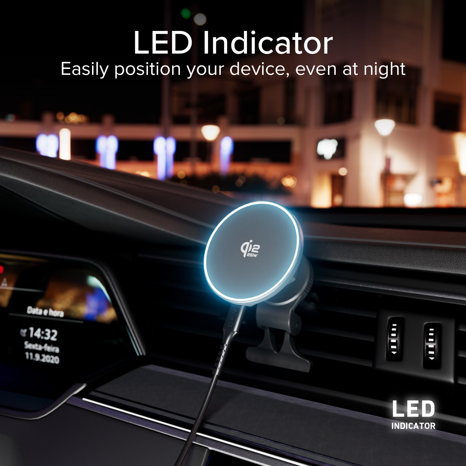 Magnetische Kfz-Halterung mit 25W Qi2.2 Wireless-Laden und LED für Lüftungsschlitz
