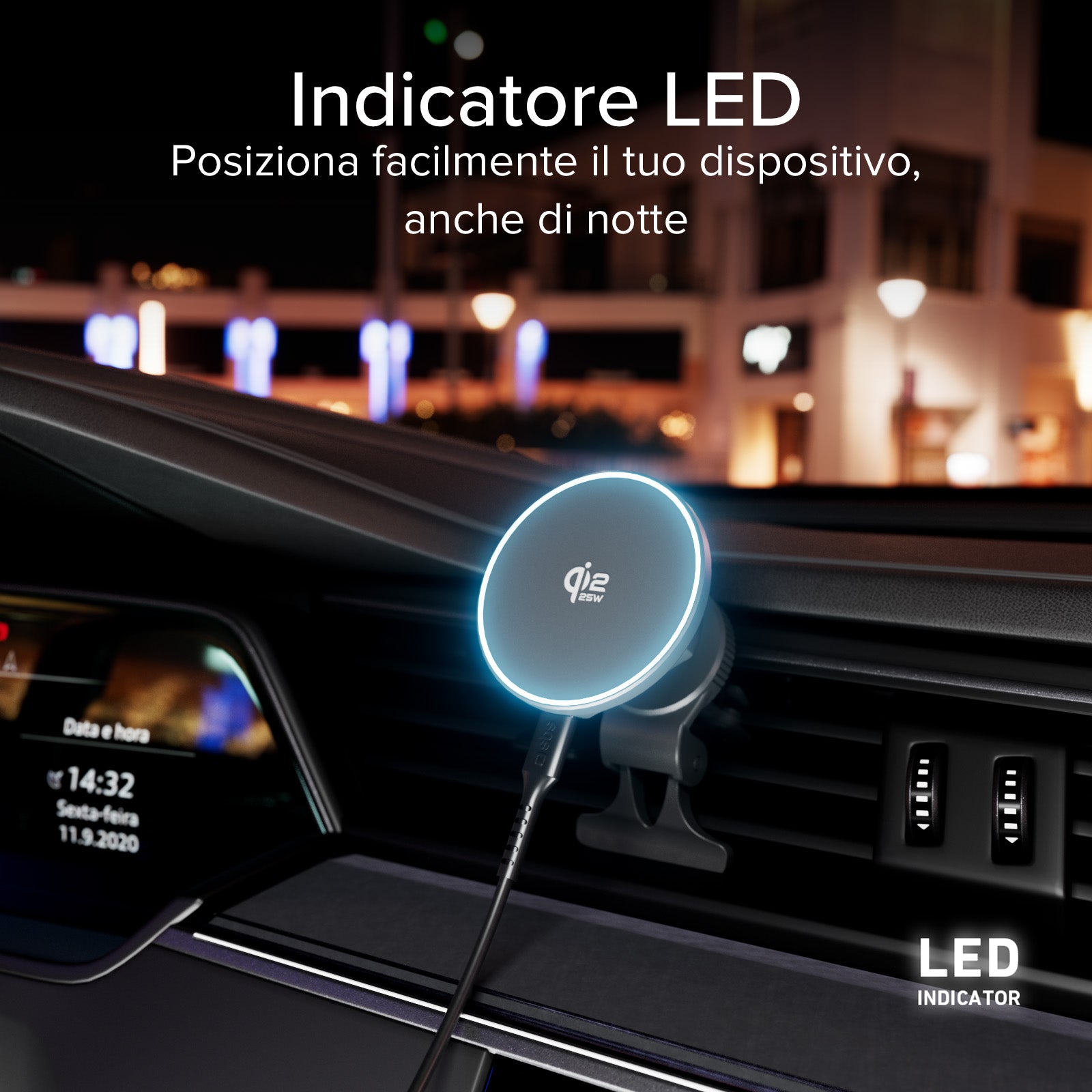 Magnetische Kfz-Halterung mit 25W Qi2.2 Wireless-Laden und LED für Lüftungsschlitz