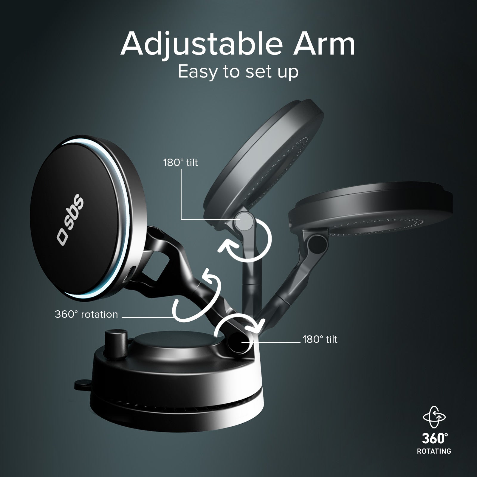Magnetic wireless car mount 15W with suction cup and 360° rotation