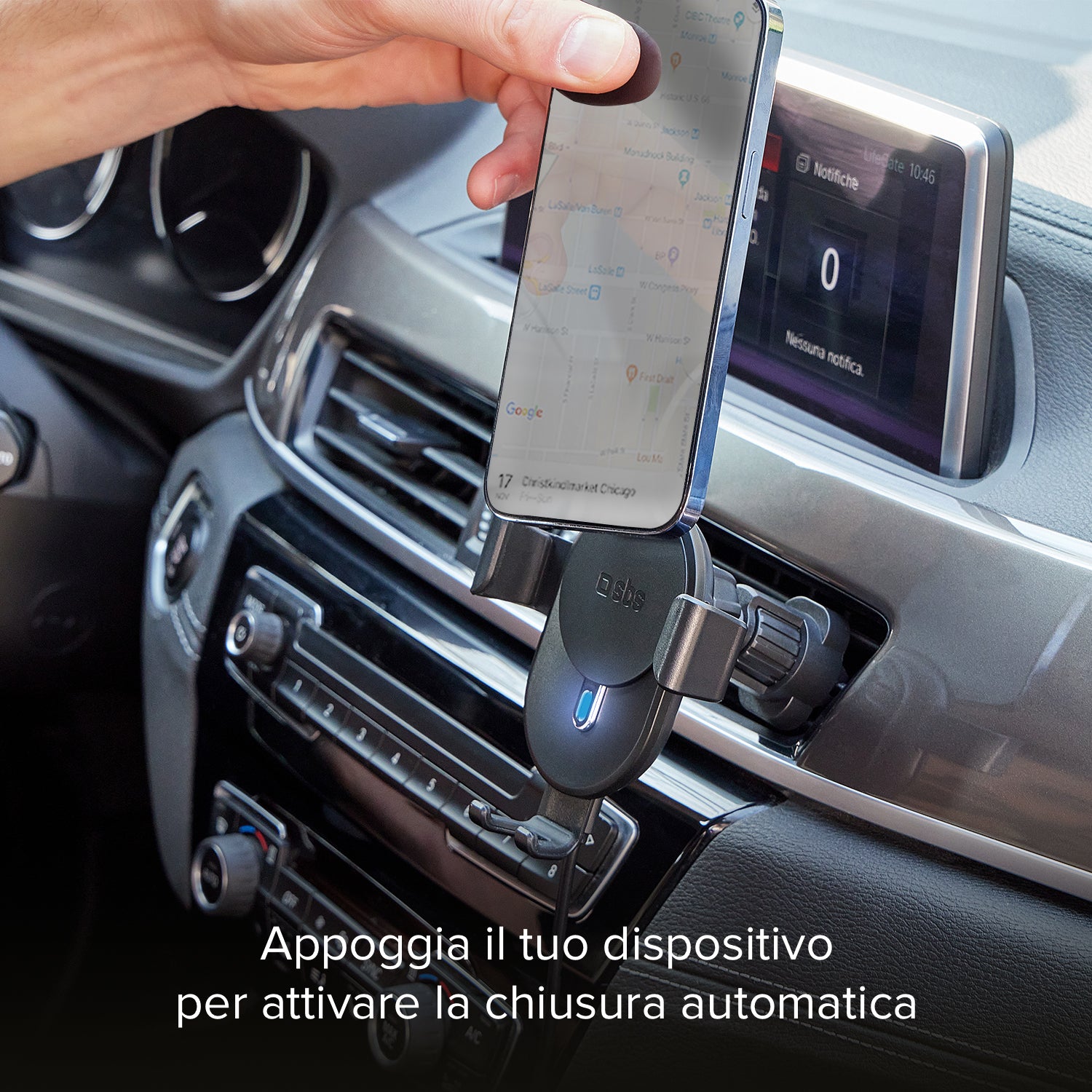 Supporto auto per telefono con ricarica rapida Wireless e meccanismo a gravità