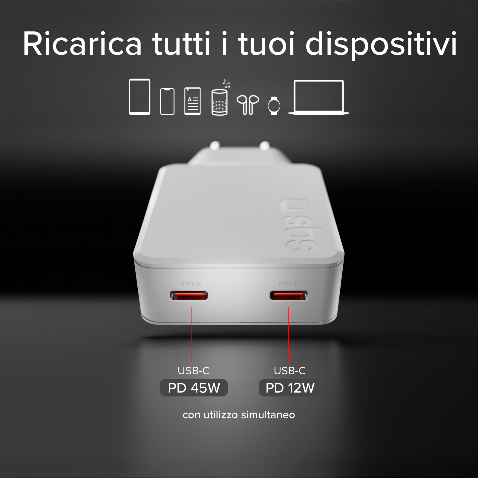 Caricatore ultrasottile 65W con doppia USB‑C