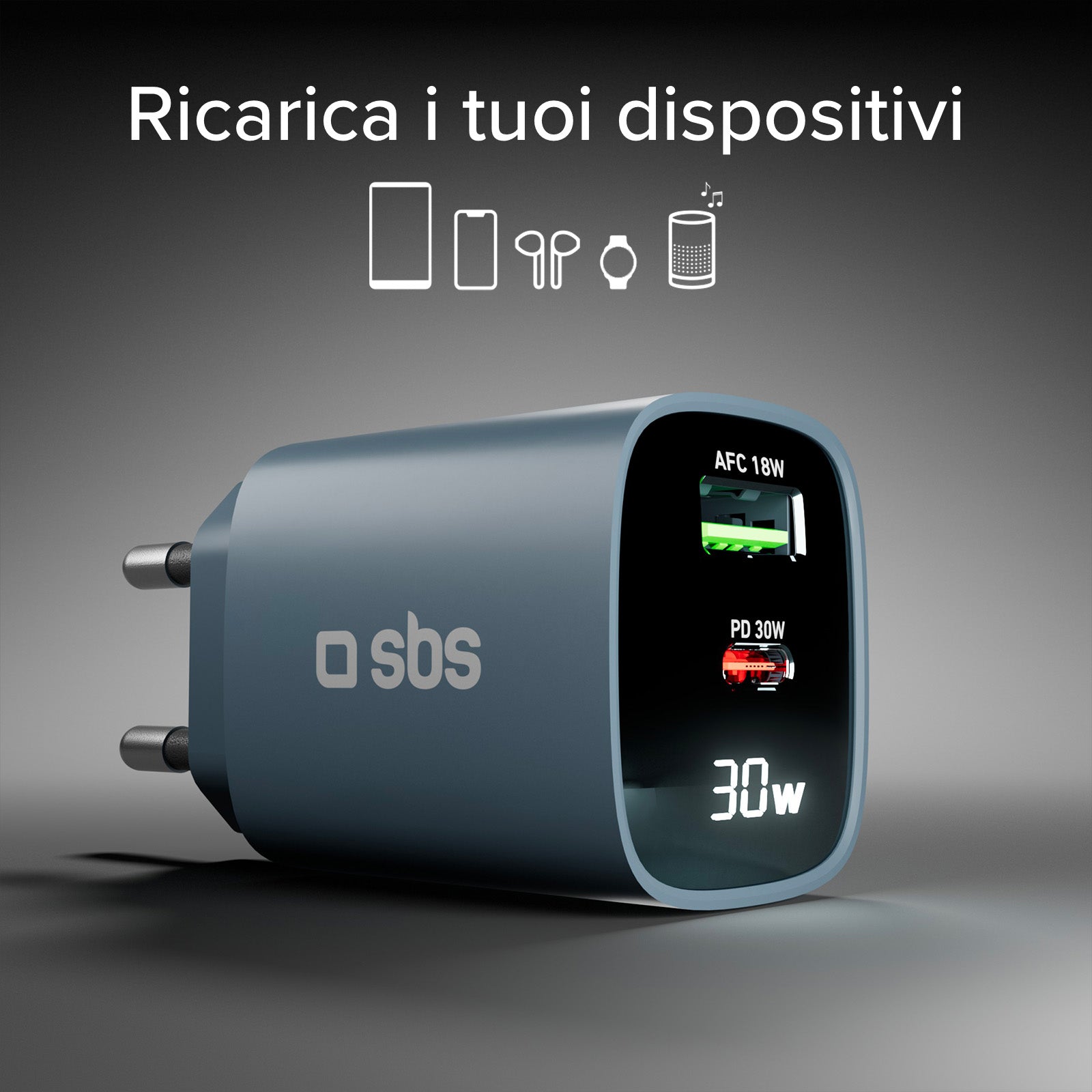 Caricabatterie da muro, schermo LCD, 1 uscita USB-C PD 30W, 1 uscita USB-A 18W