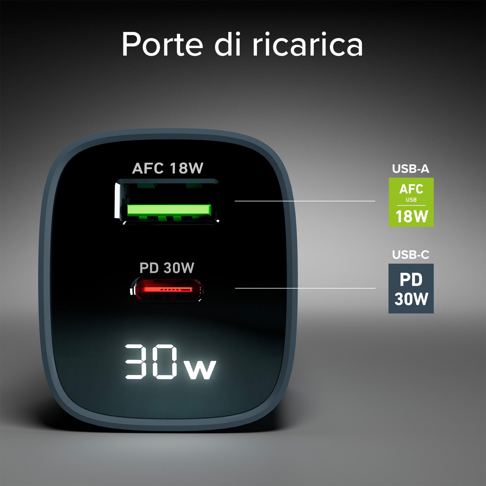 Caricabatterie da muro, schermo LCD, 1 uscita USB-C PD 30W, 1 uscita USB-A 18W
