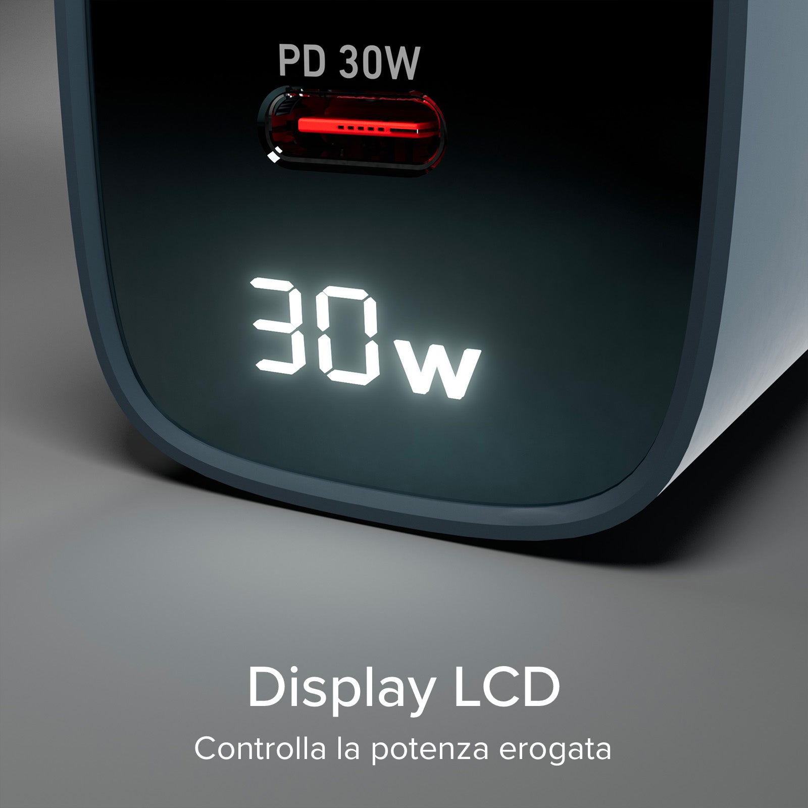 Caricabatterie da muro, schermo LCD, 1 uscita USB-C PD 30W, 1 uscita USB-A 18W