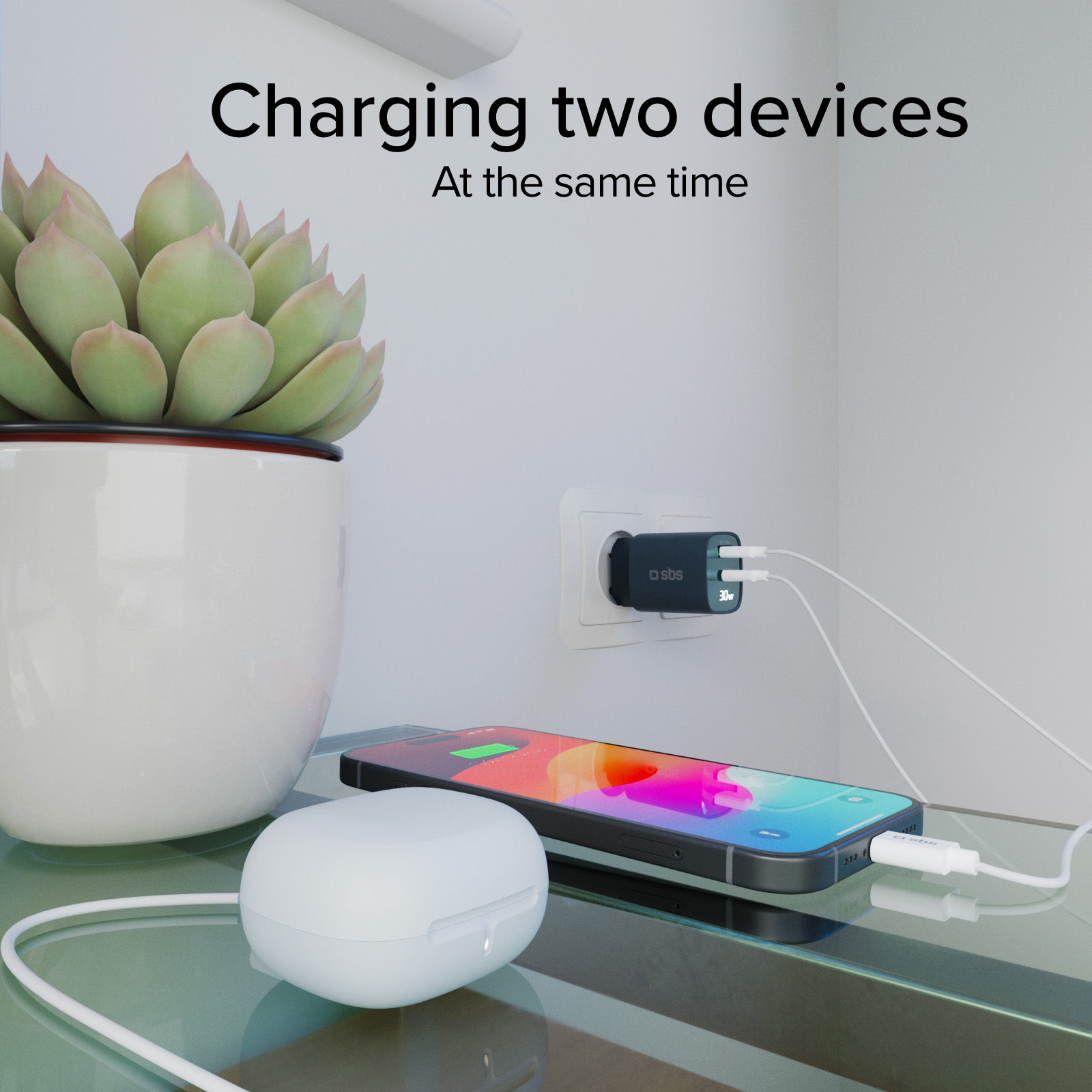Caricabatterie da muro, schermo LCD, 1 uscita USB-C PD 30W, 1 uscita USB-A 18W