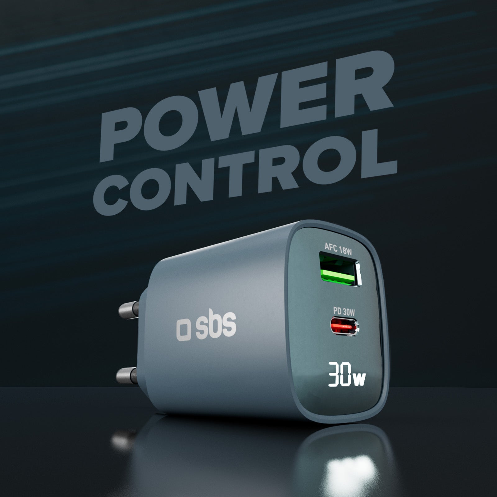 Caricabatterie da muro, schermo LCD, 1 uscita USB-C PD 30W, 1 uscita USB-A 18W