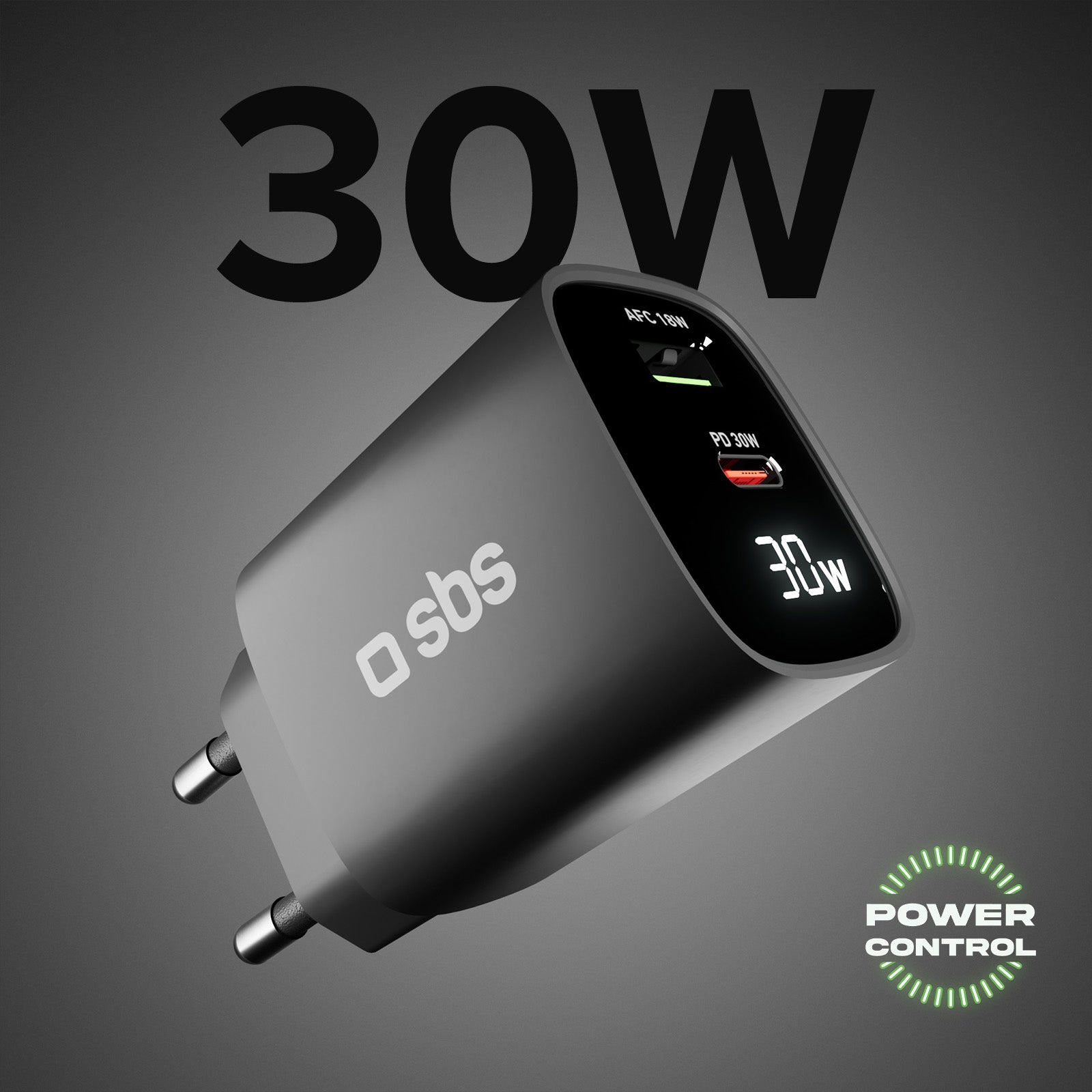 Caricabatterie da muro, schermo LCD, 1 uscita USB-C PD 30W, 1 uscita USB-A 18W