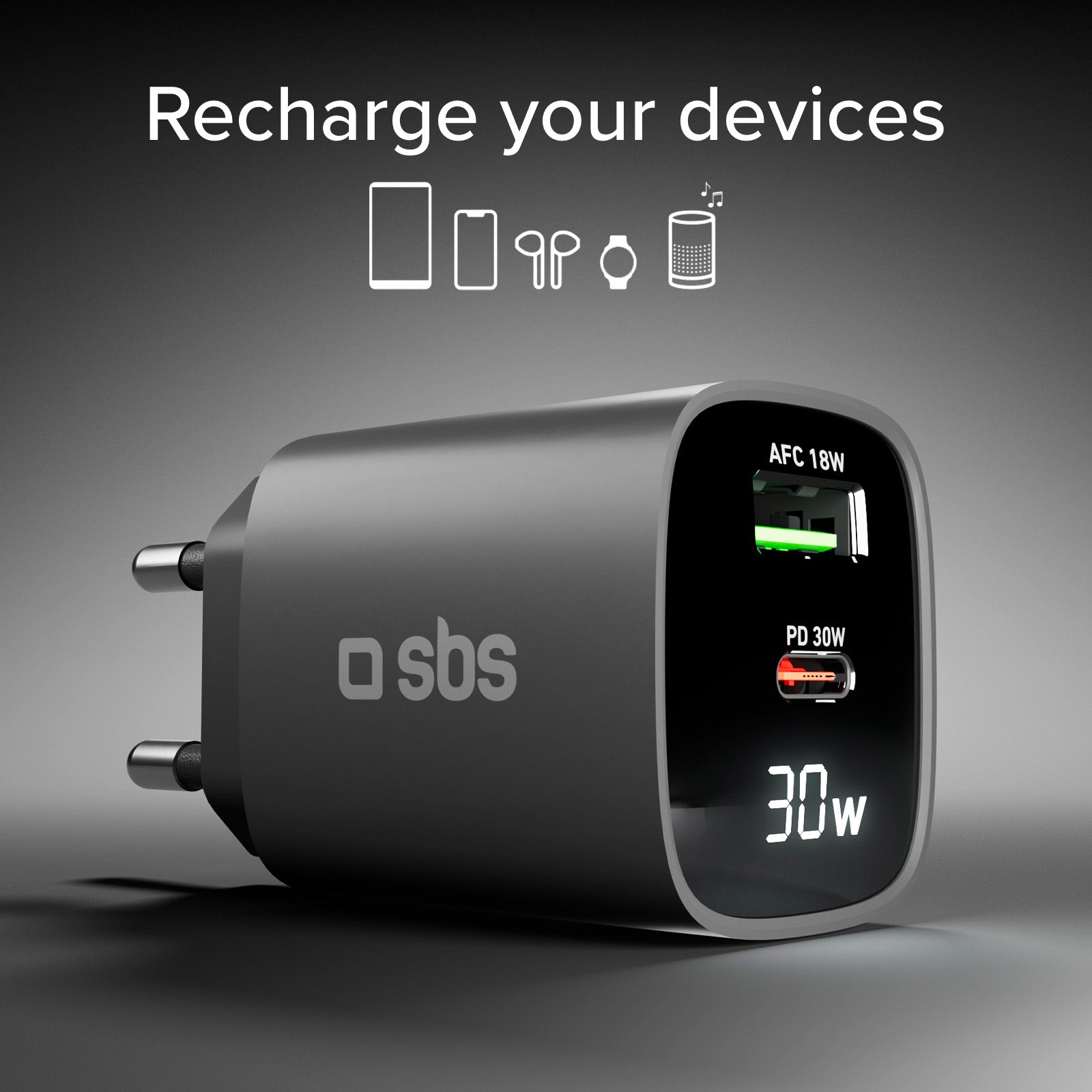 Caricabatterie da muro, schermo LCD, 1 uscita USB-C PD 30W, 1 uscita USB-A 18W