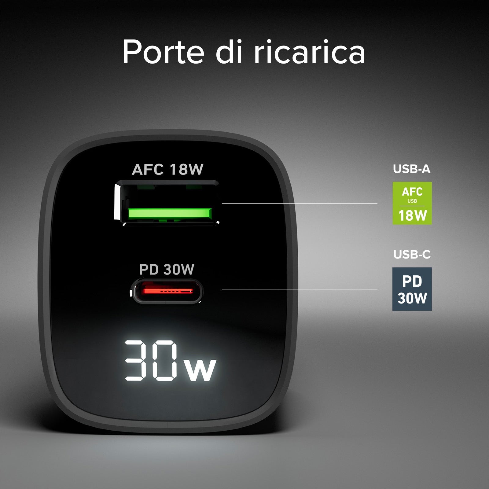 Caricabatterie da muro, schermo LCD, 1 uscita USB-C PD 30W, 1 uscita USB-A 18W