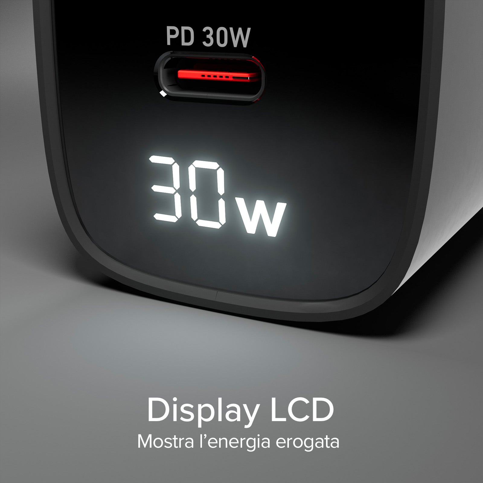 Caricabatterie da muro, schermo LCD, 1 uscita USB-C PD 30W, 1 uscita USB-A 18W