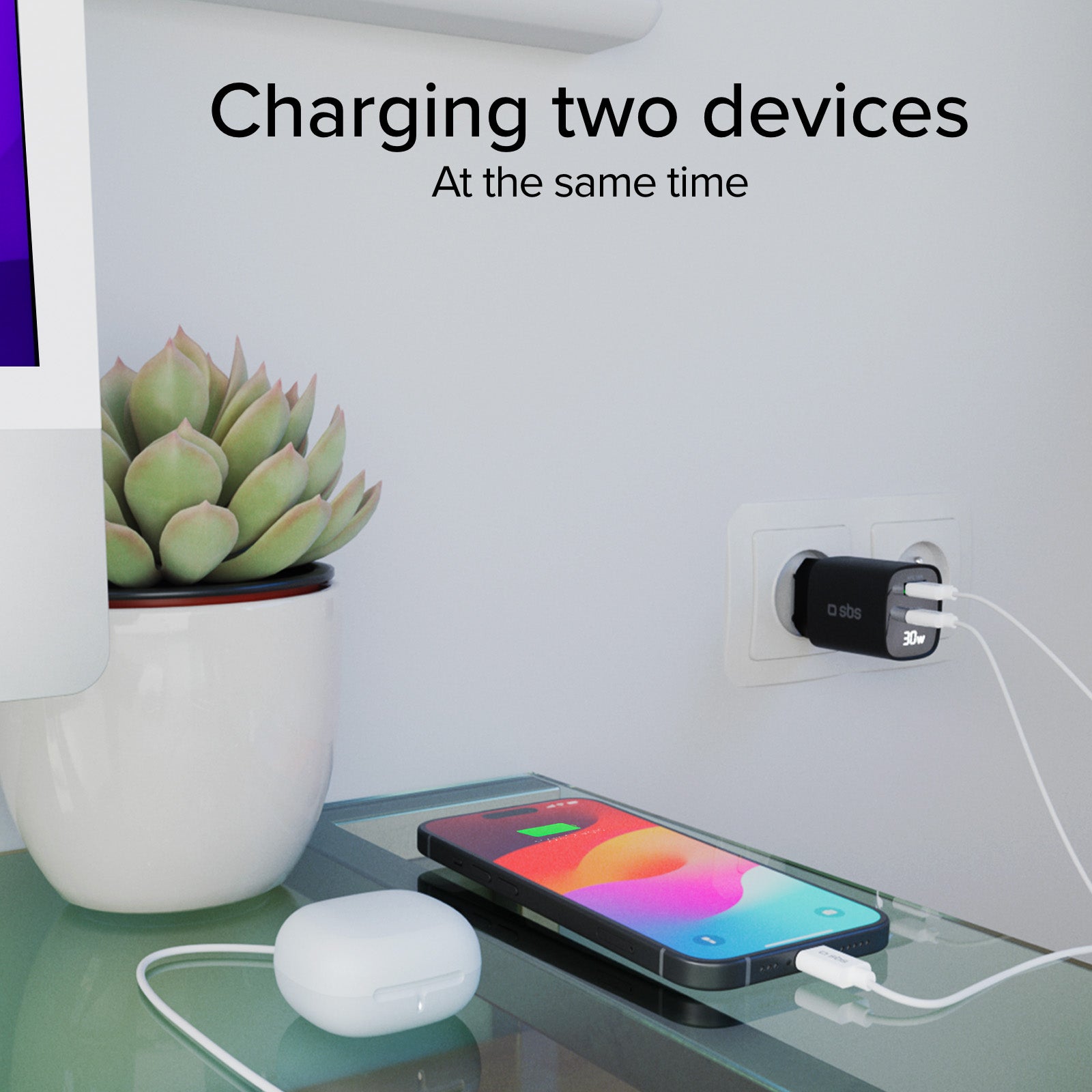 Caricabatterie da muro, schermo LCD, 1 uscita USB-C PD 30W, 1 uscita USB-A 18W