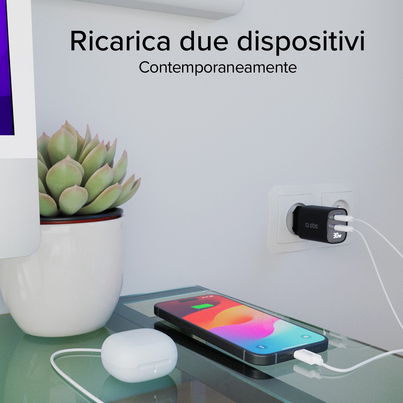 Caricabatterie da muro, schermo LCD, 1 uscita USB-C PD 30W, 1 uscita USB-A 18W