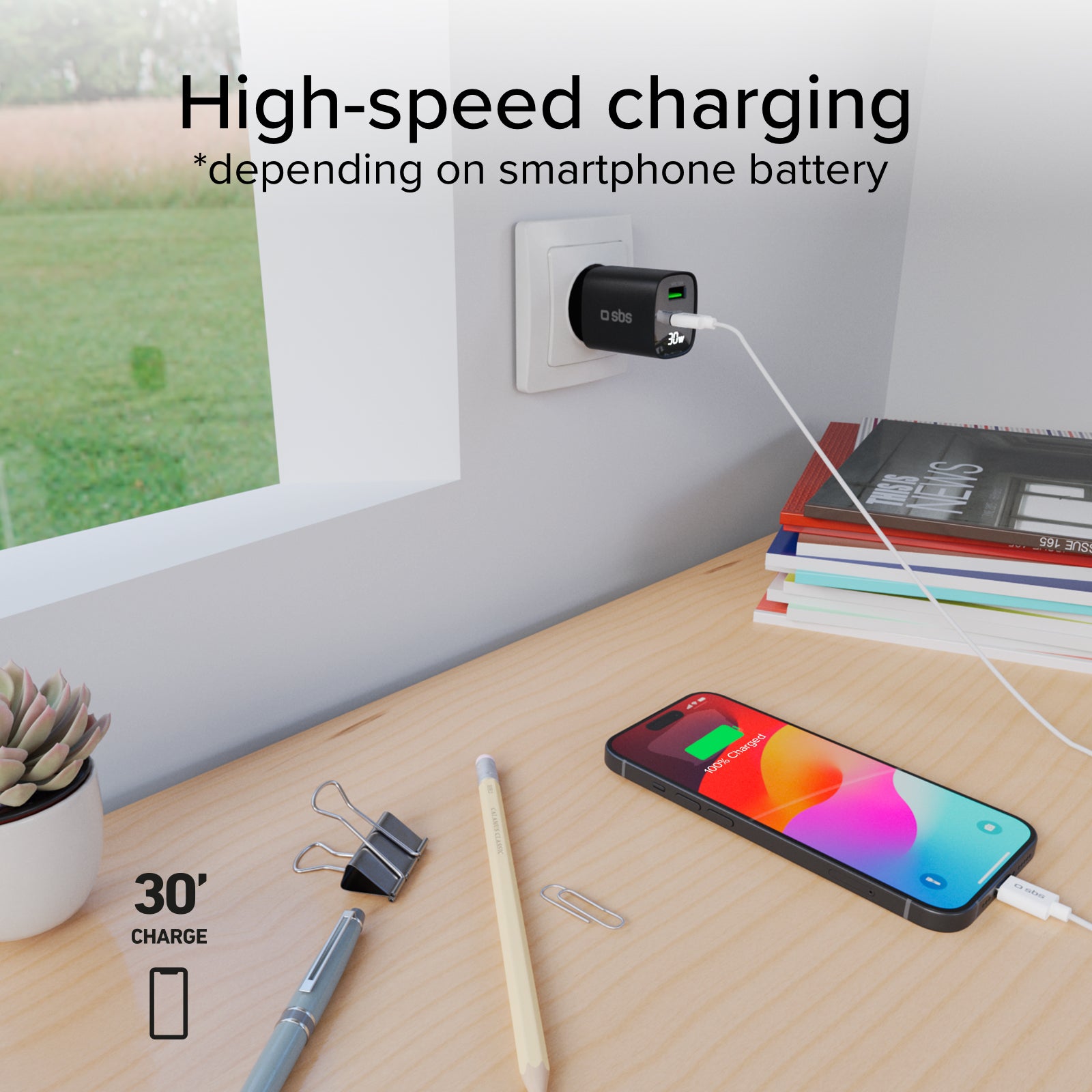 Caricabatterie da muro, schermo LCD, 1 uscita USB-C PD 30W, 1 uscita USB-A 18W