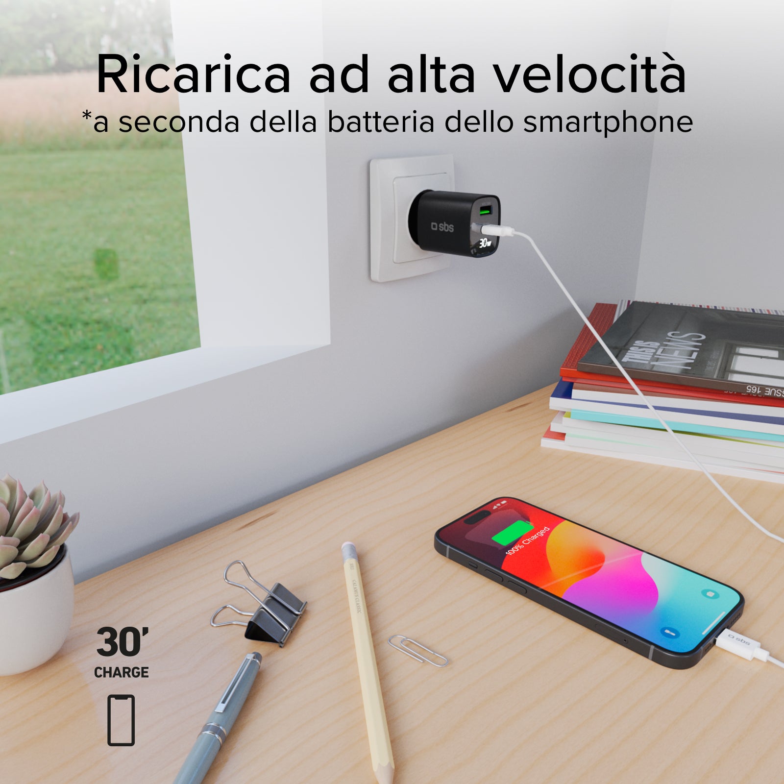 Caricabatterie da muro, schermo LCD, 1 uscita USB-C PD 30W, 1 uscita USB-A 18W