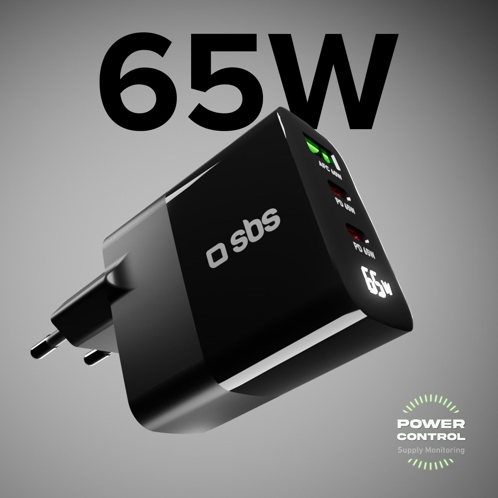 Cargador 65 W con pantalla LCD, 2 salidas USB-C Power Delivery y 1 USB-A Adaptative Fast Charge