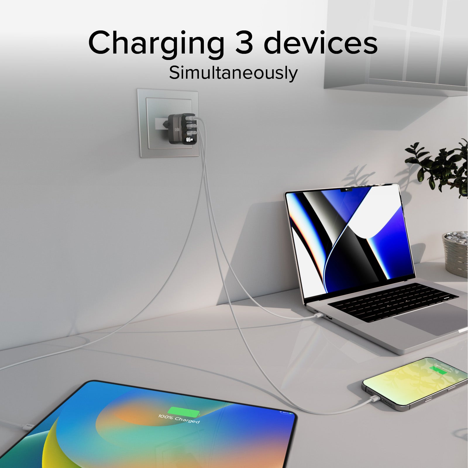 Cargador 65 W con pantalla LCD, 2 salidas USB-C Power Delivery y 1 USB-A Adaptative Fast Charge