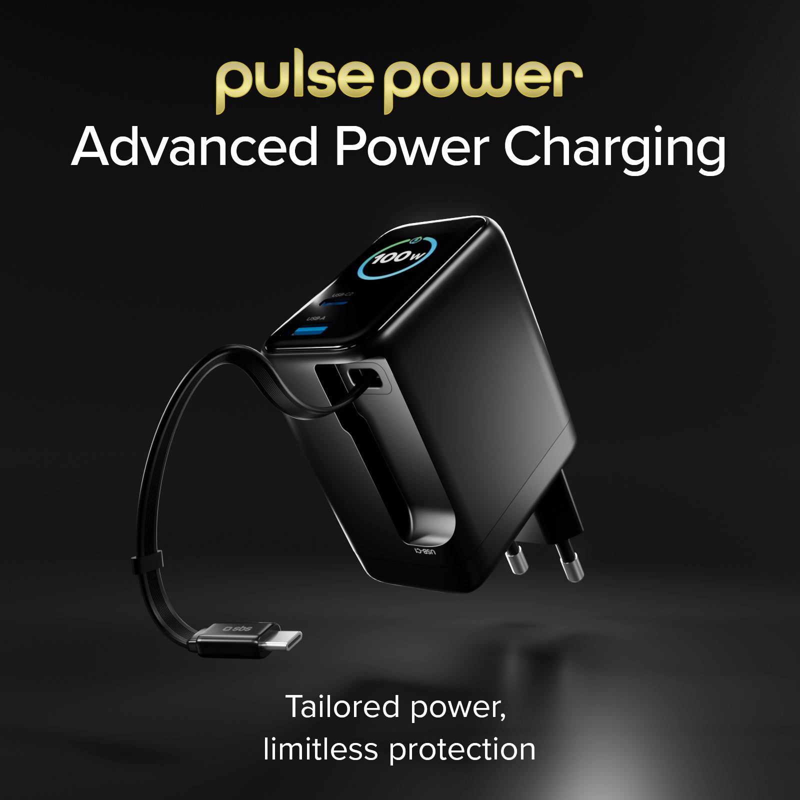 Chargeur 100W avec port USB-C, USB-A, câble USB-C extensible et écran TFT